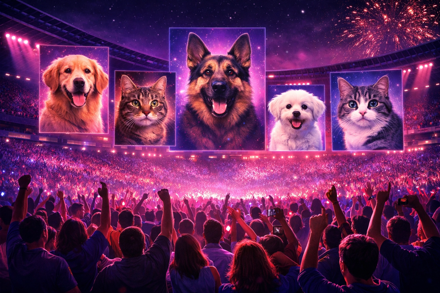 Large-scale AI pet portrait activation displayed on a stadium jumbotron screen above a crowd at a live event at night