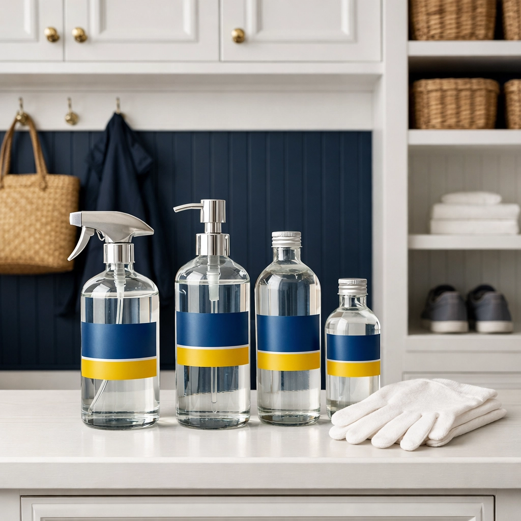 Eco-friendly professional cleaning supplies and gloves ready for a Westwood luxury home maintenance visit.