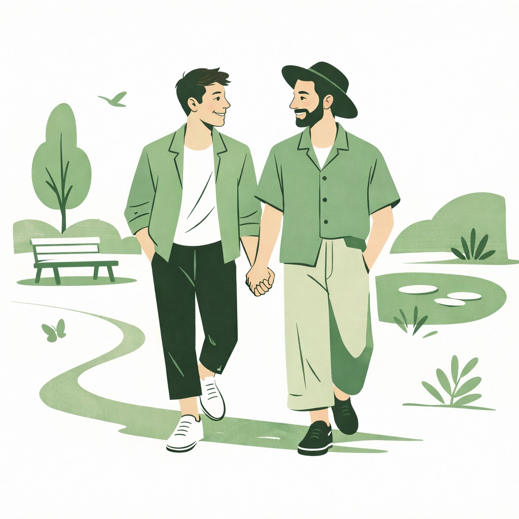 A joyful MM couple holding hands, representing authentic living and non-binary identity in queer fiction.