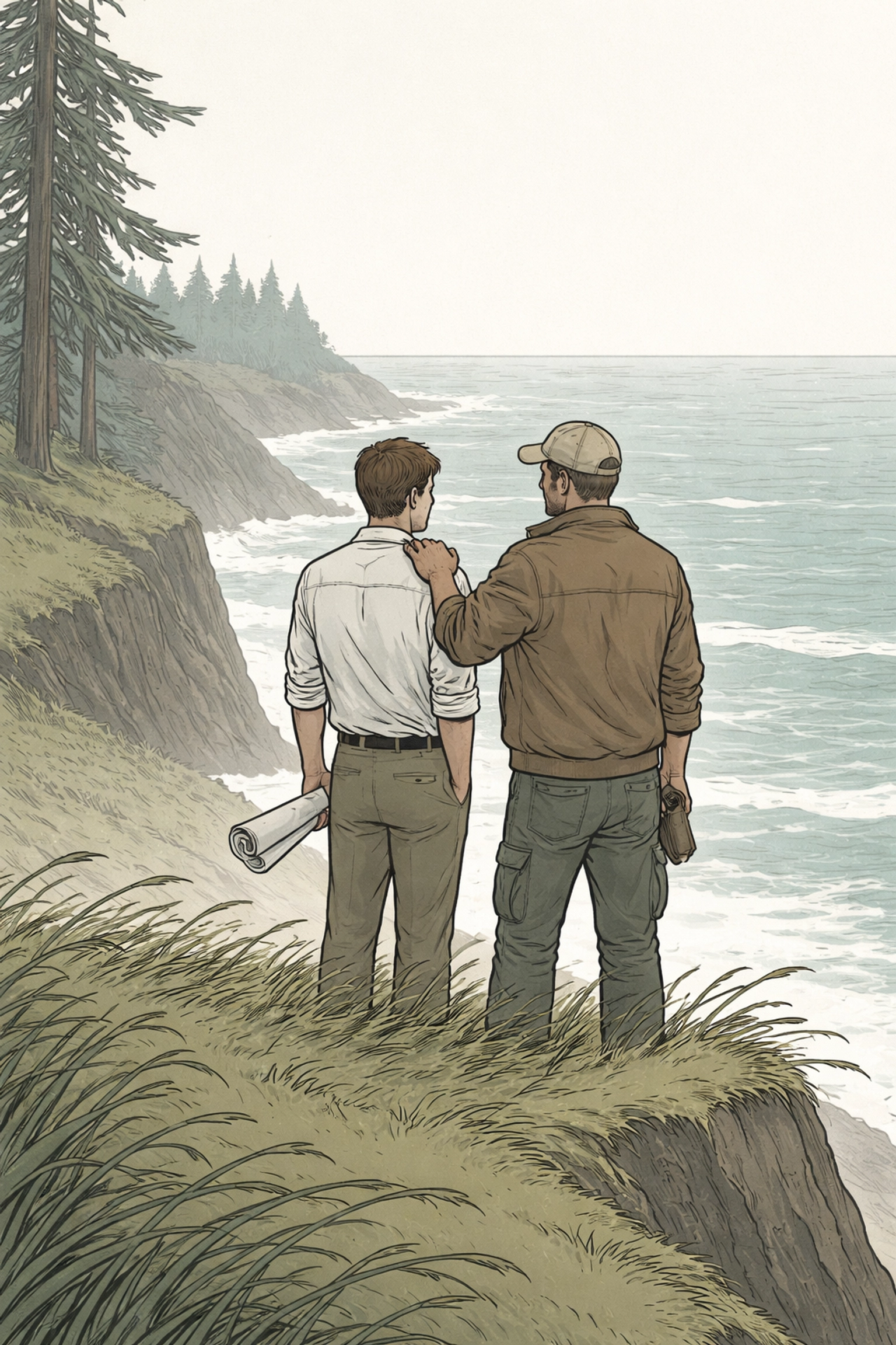 Two men, an architect and a builder, stand close on a coastal cliff, symbolizing healing and vulnerable MM romance.