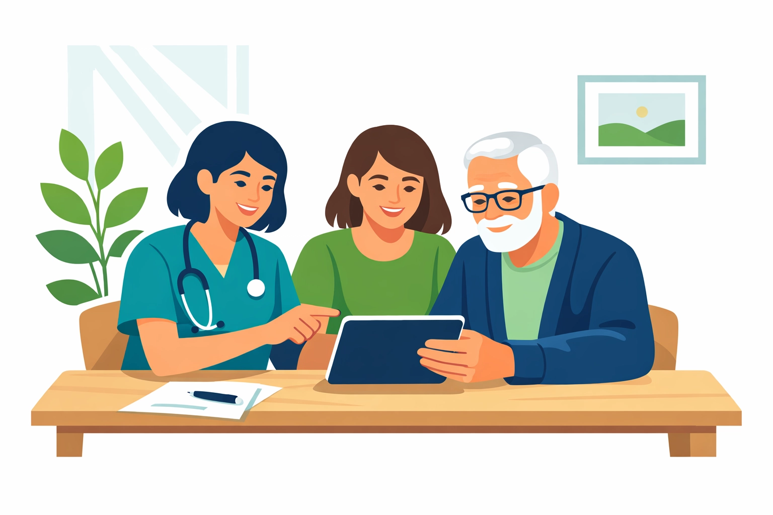 Family meeting with a healthcare professional to create a custom home care plan in San Antonio.