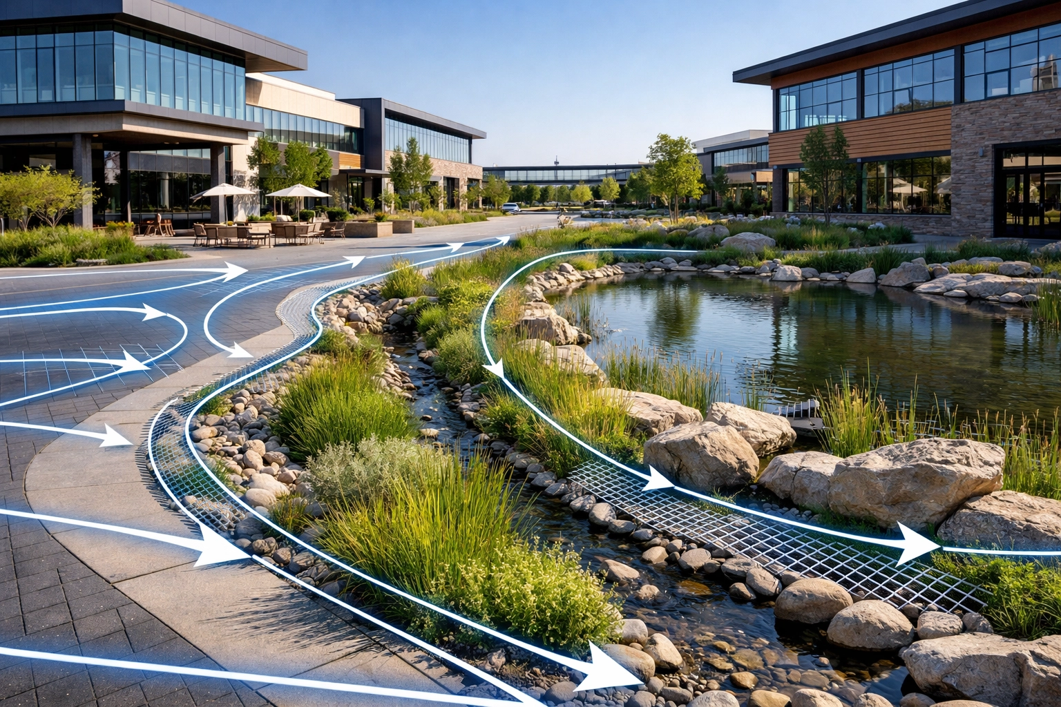 Sustainable stormwater management pond and bioswale integrated into a commercial site grading plan.