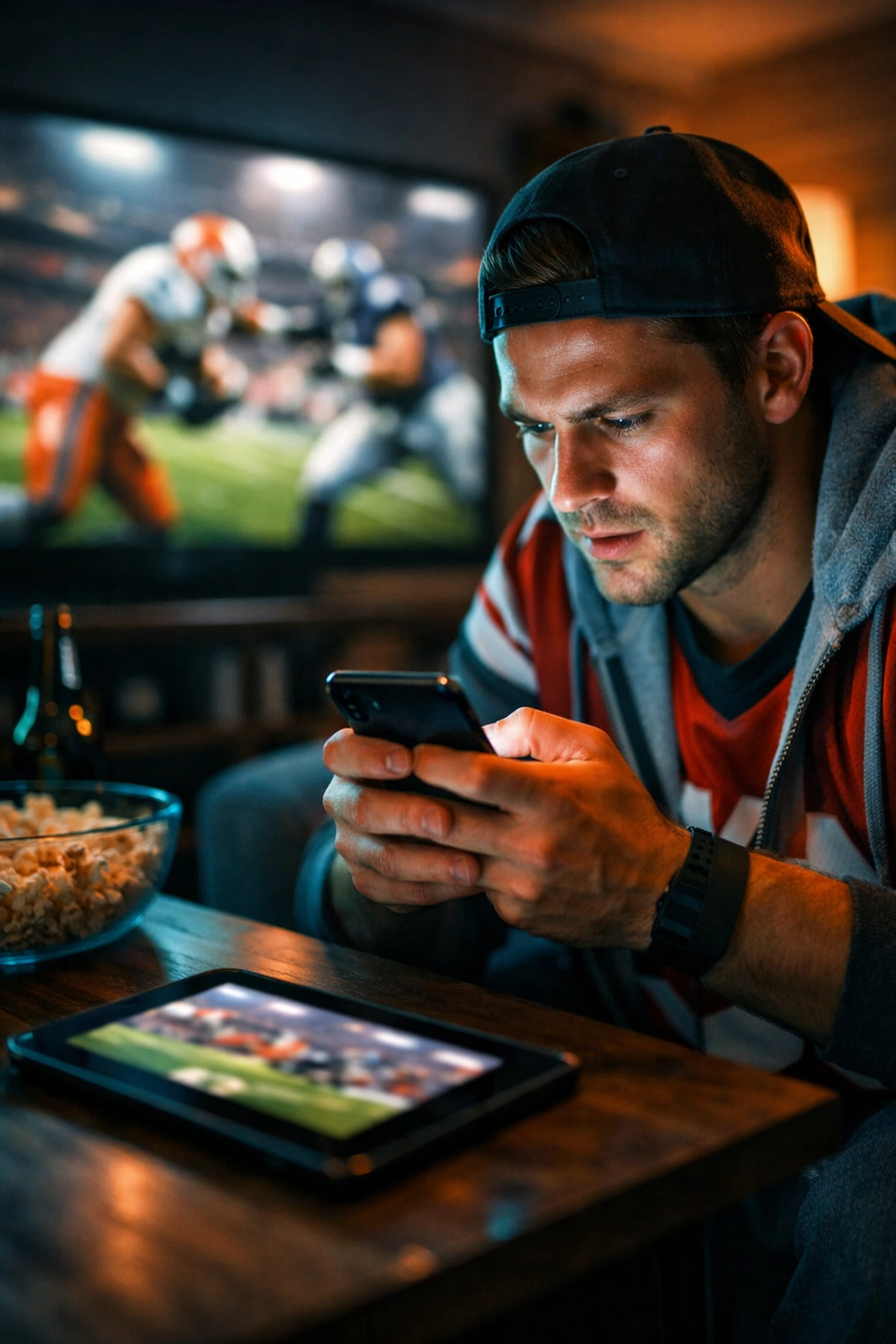 Sports fan engaging with Super Bowl 2026 social media on a smartphone and tablet during the big game.