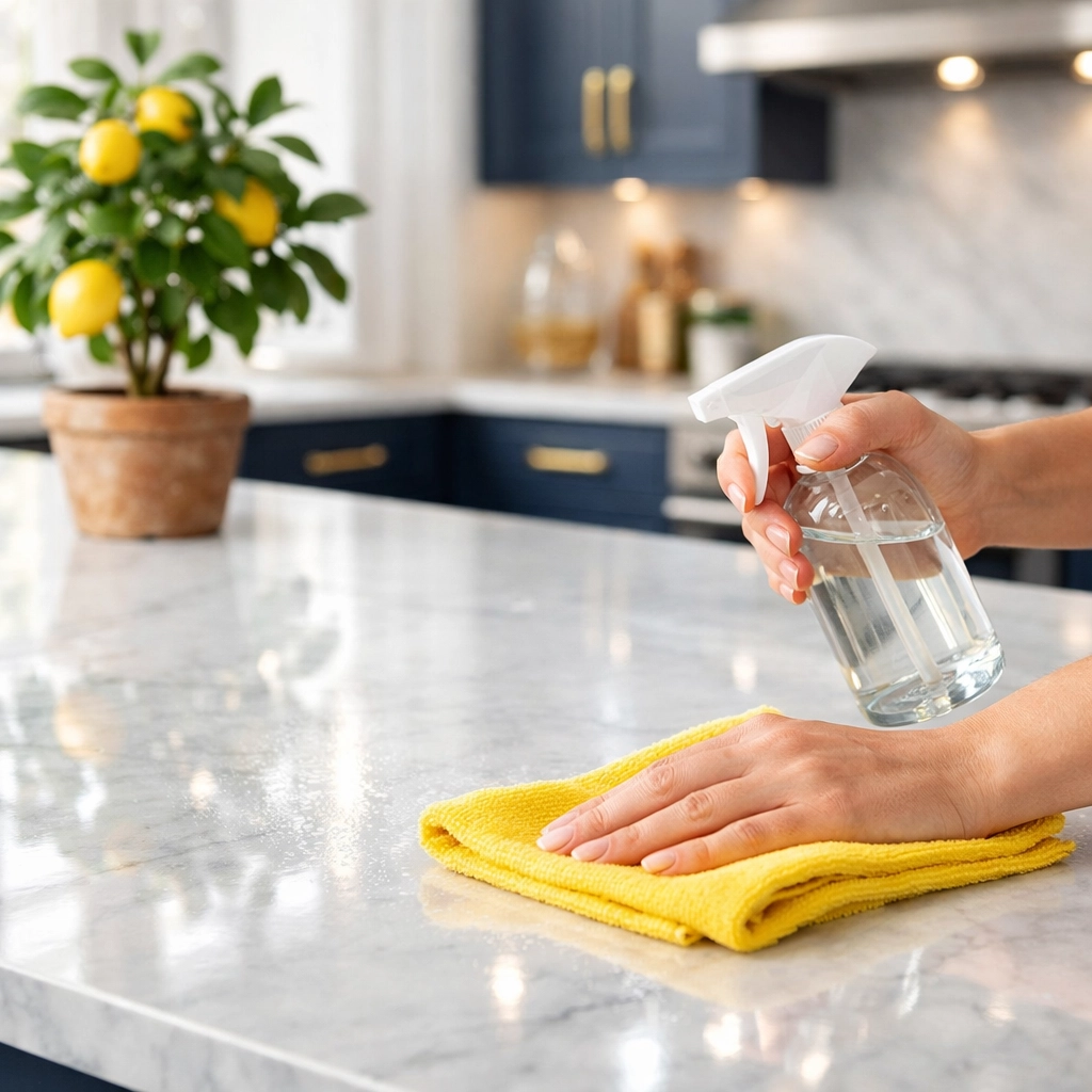 Professional cleaners in Westford sanitizing a modern kitchen with eco-friendly cleaning supplies.