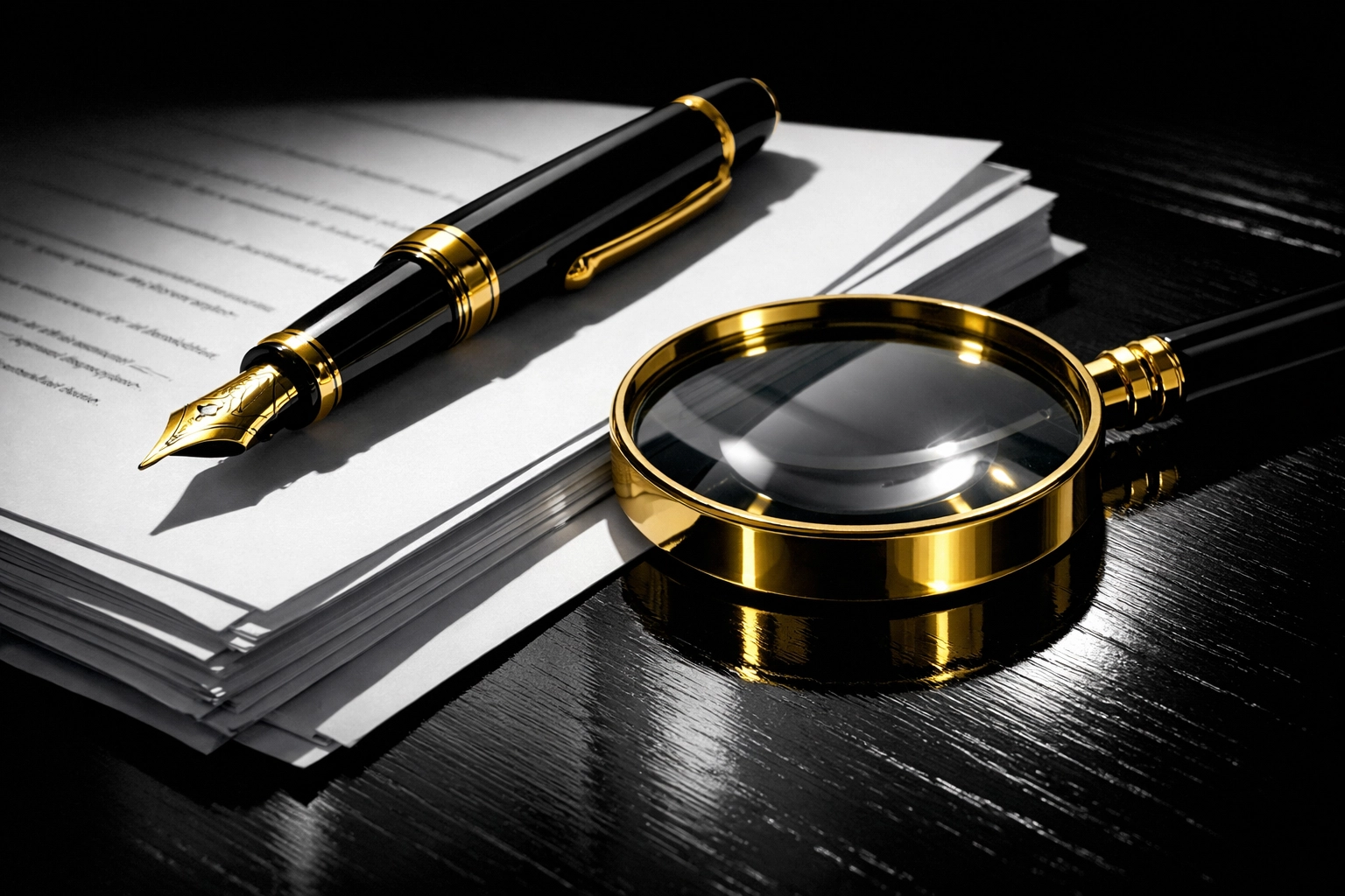 Magnifying glass and pen on legal papers used for evidence in a Florida hostile work environment claim.