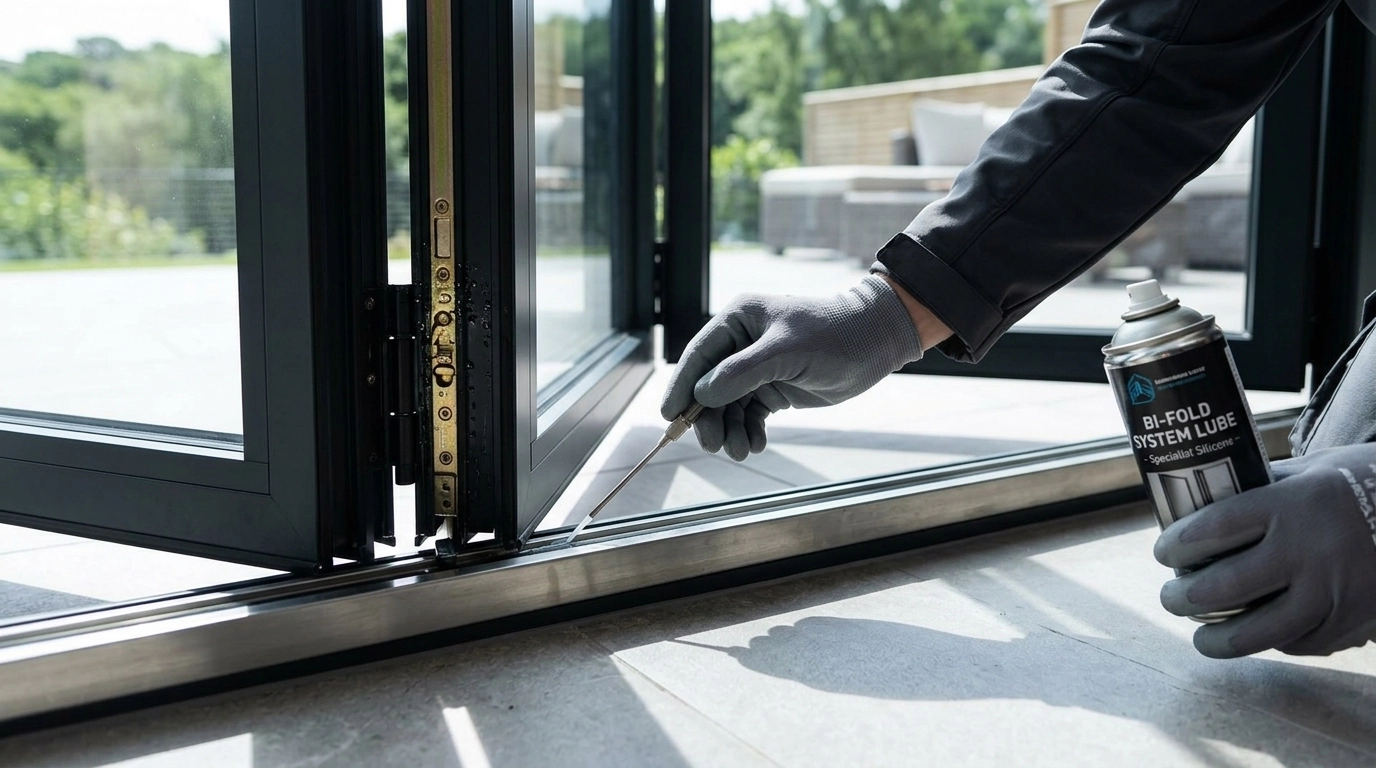 Specialist applying lubricant to a bifold door locking mechanism