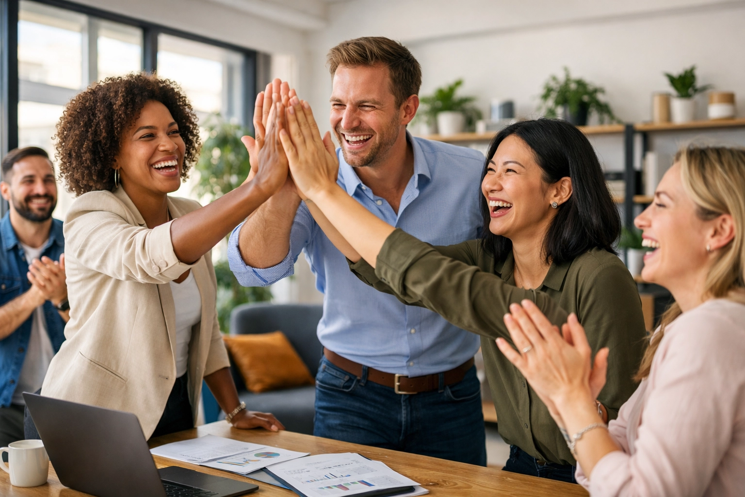 Small business team celebrating tax savings from maximized retirement contributions