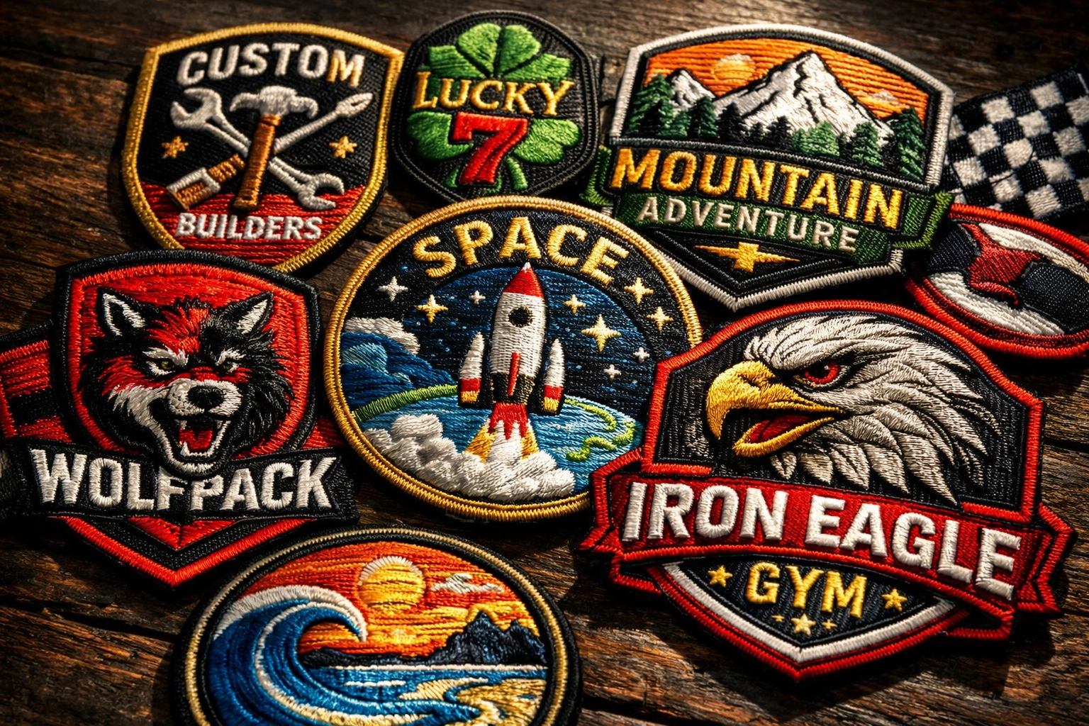 Custom embroidered patches with team logos and company designs in various colors