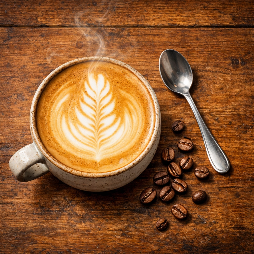 Top-down view of a steaming flat white coffee, the result of a great wholesale coffee partnership.