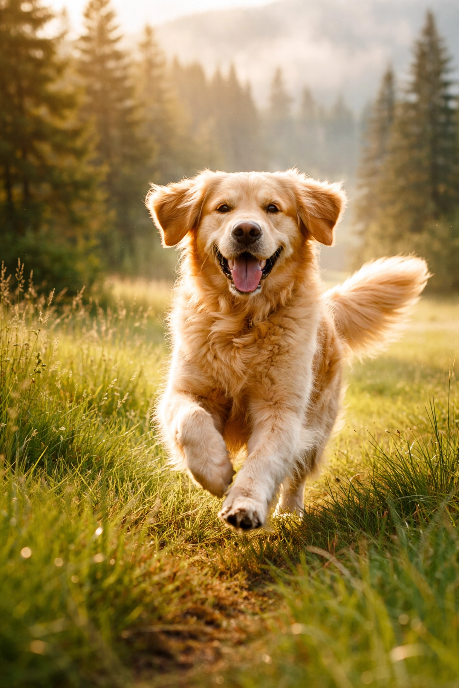 Adult Golden Retriever running joyfully in Oregon meadow, showing vitality from health-tested breeding practices.