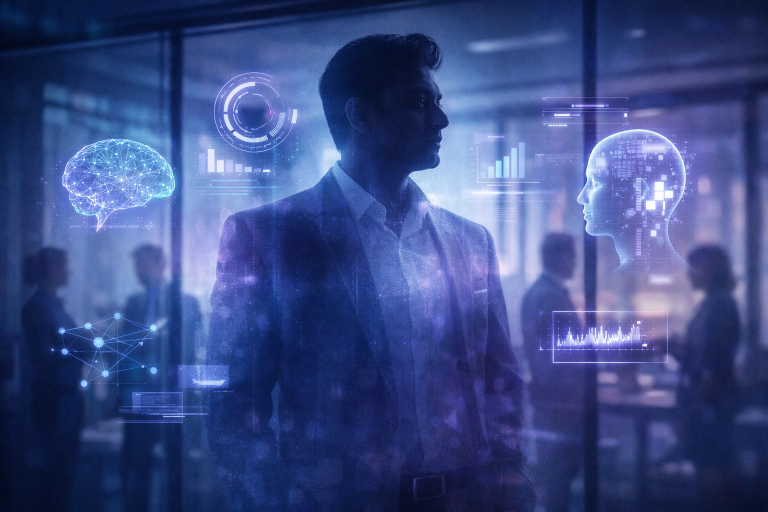 Business leader fading into holographic AI interfaces while team stands disconnected in background