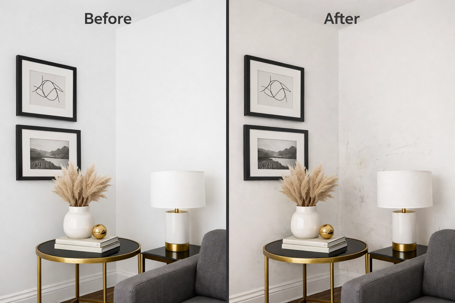 Before and after property condition comparison showing wear at check-in and check-out