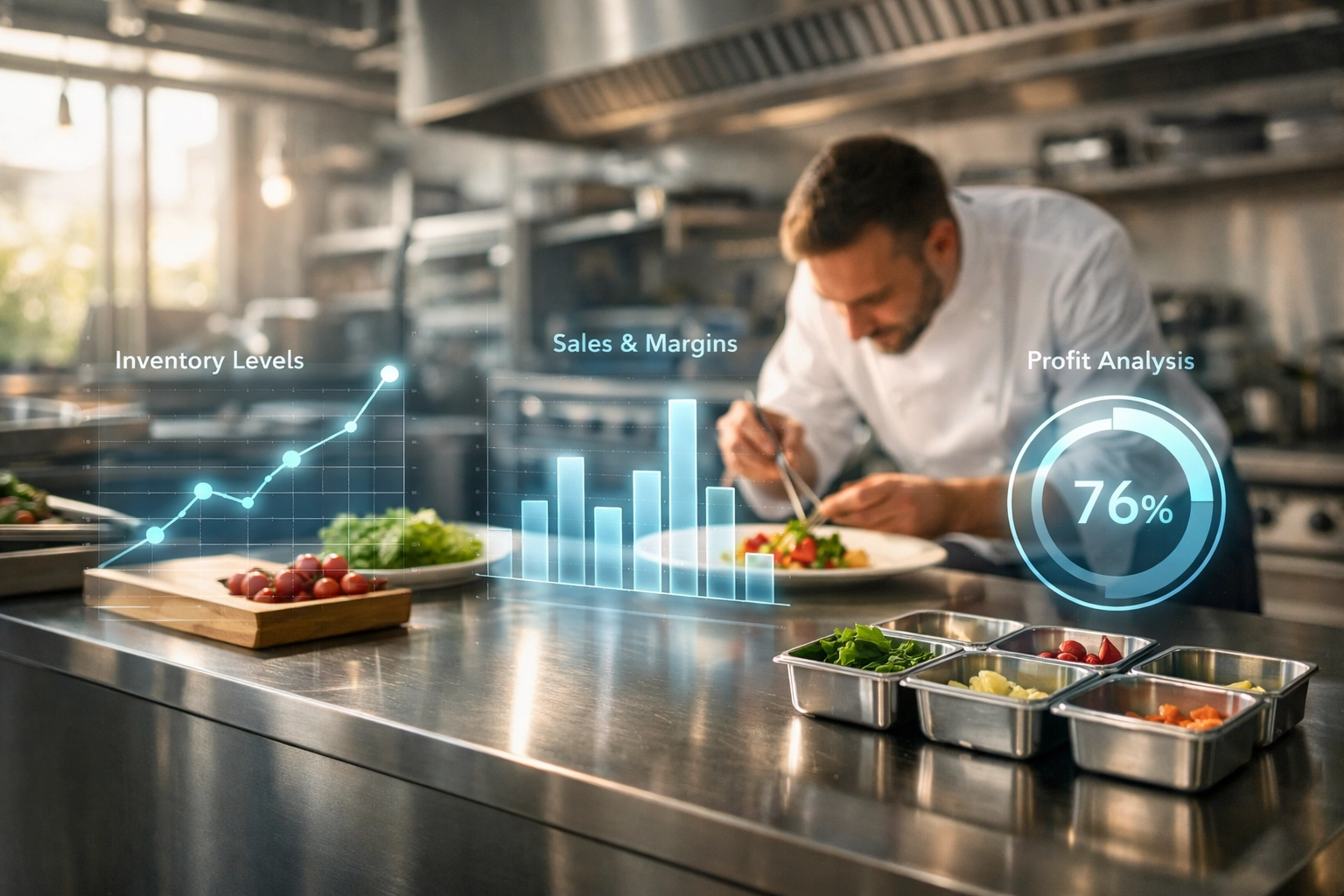 Modern kitchen using AI agents and active intelligence to find money in your restaurants and optimize margins.