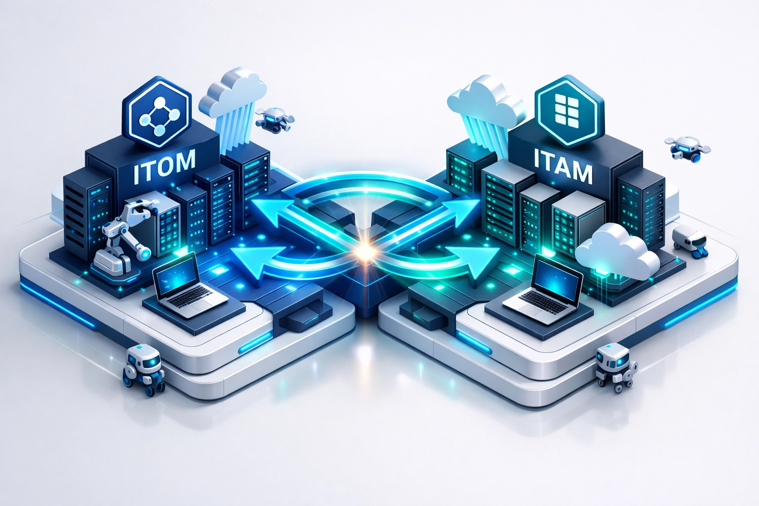 Integrated ITOM and ITAM architecture with automated workflows connecting asset lifecycle management