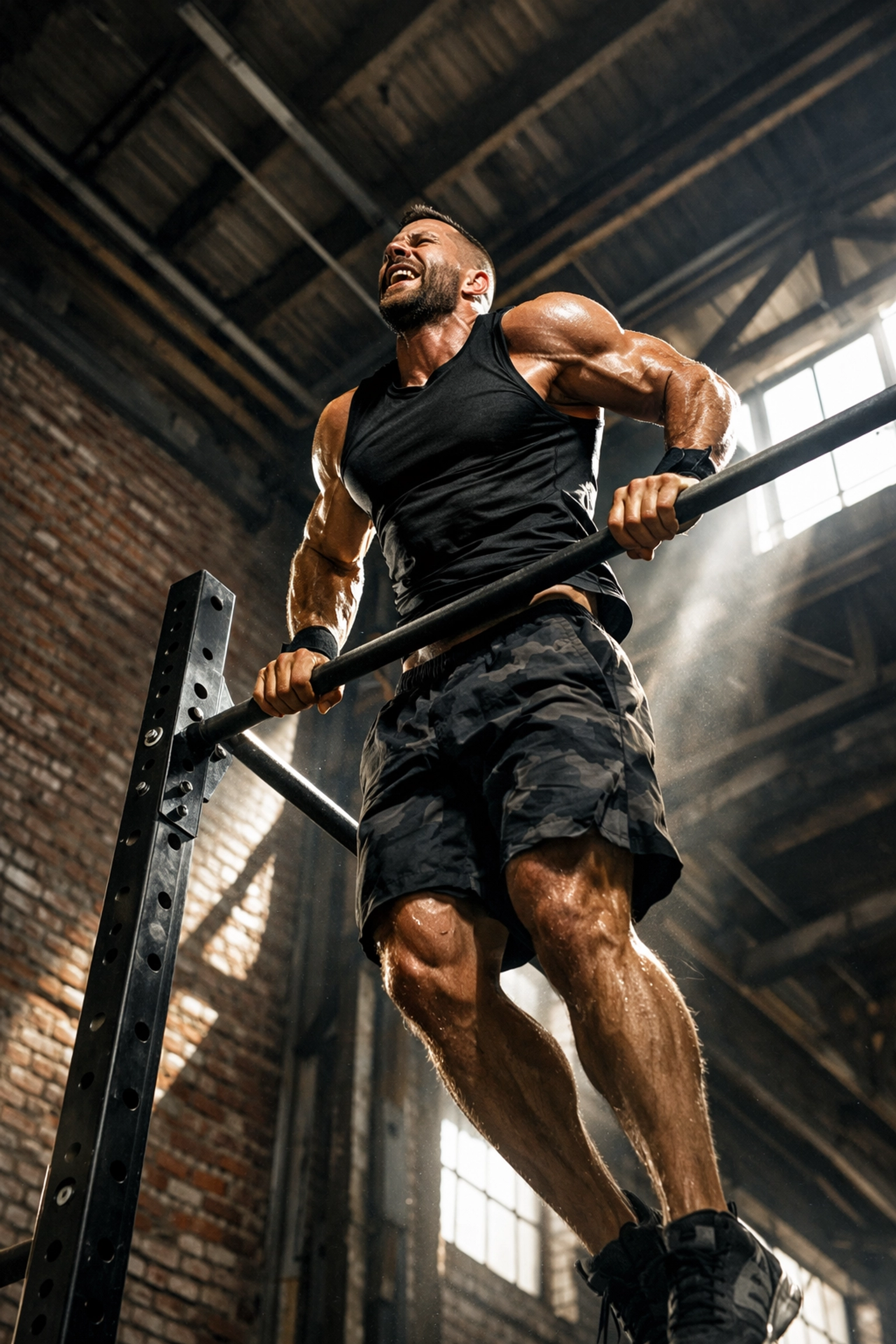 Athlete performing an explosive muscle-up on a floor to ceiling gym rail with high vertical clearance.