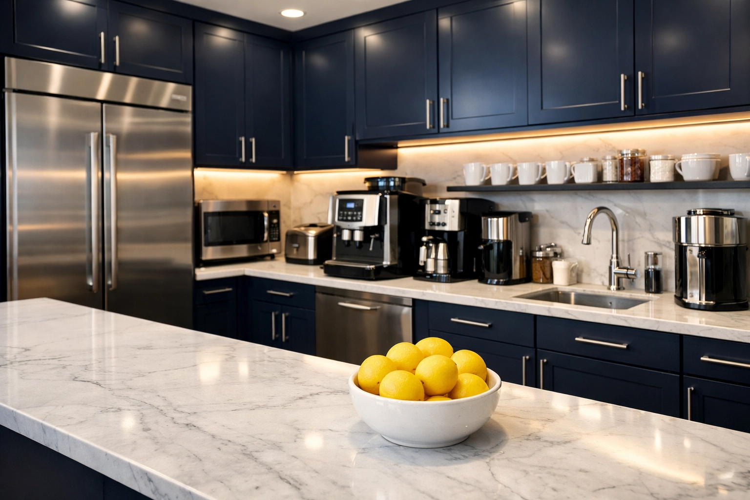 A sanitized and sparkling clean modern office kitchenette for a healthy Brookline workspace.