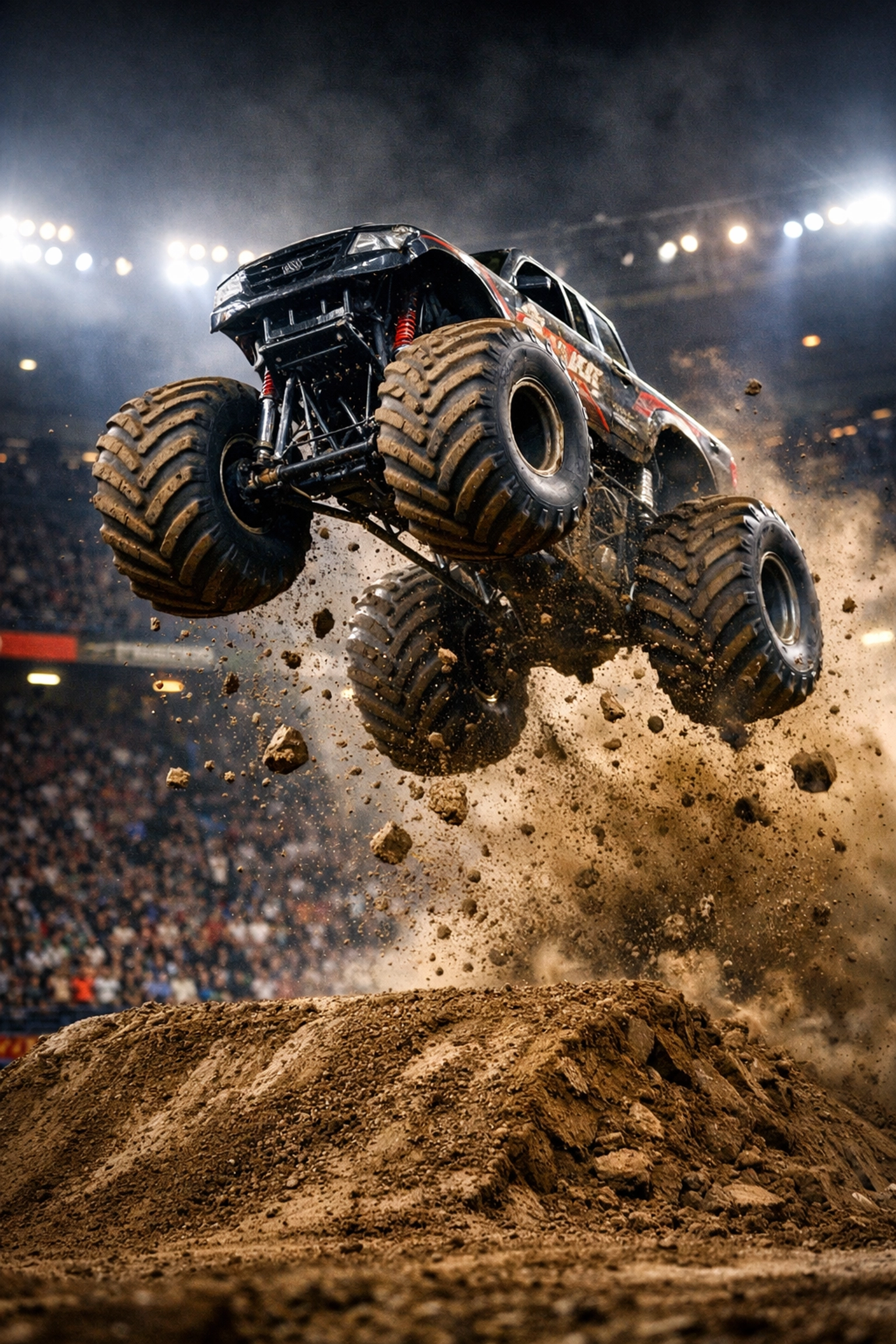 A massive monster truck performing a high-flying jump at the TD Coliseum family entertainment show.