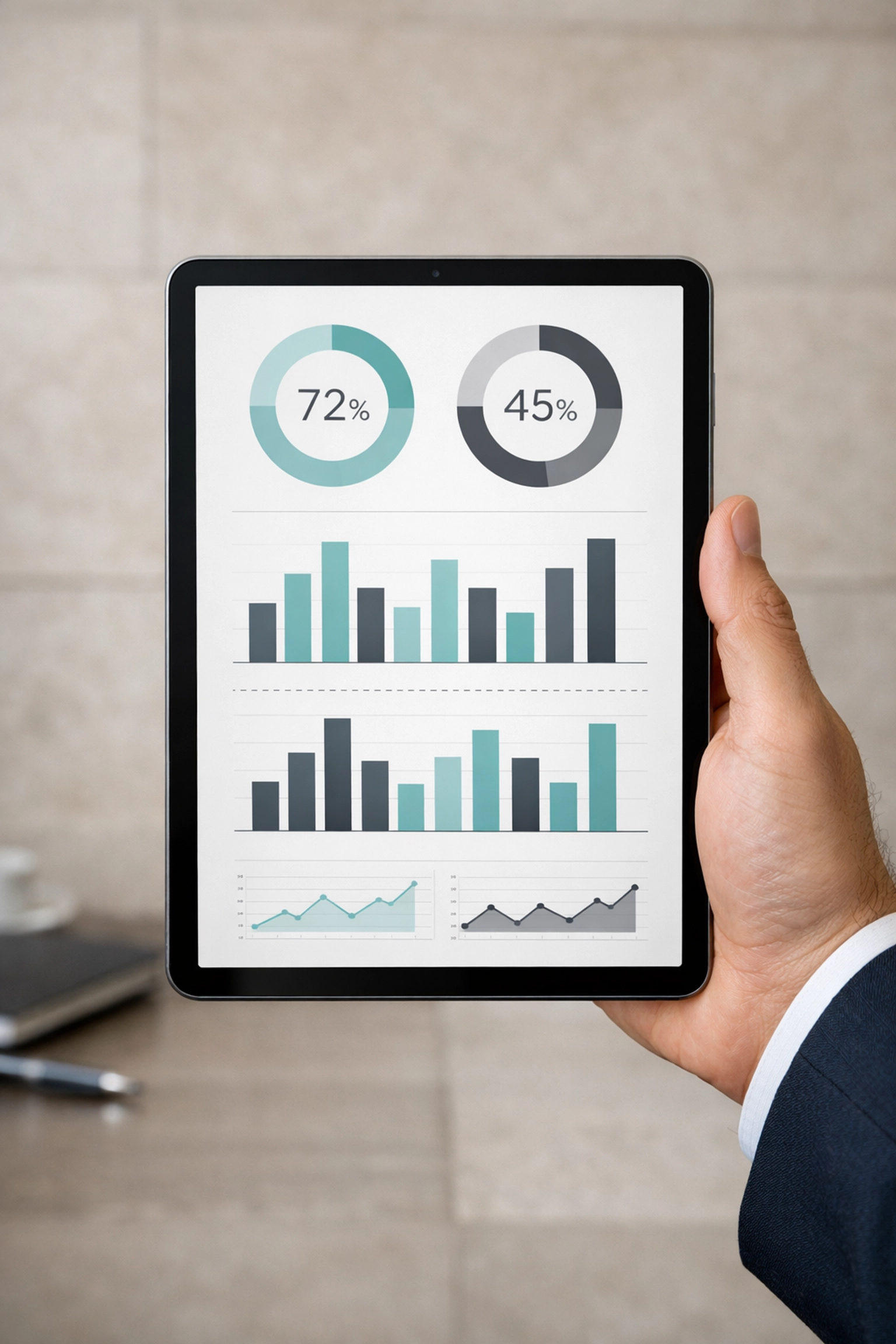 Professional reviewing tax business KPIs and support metrics on a tablet to track peak season productivity.