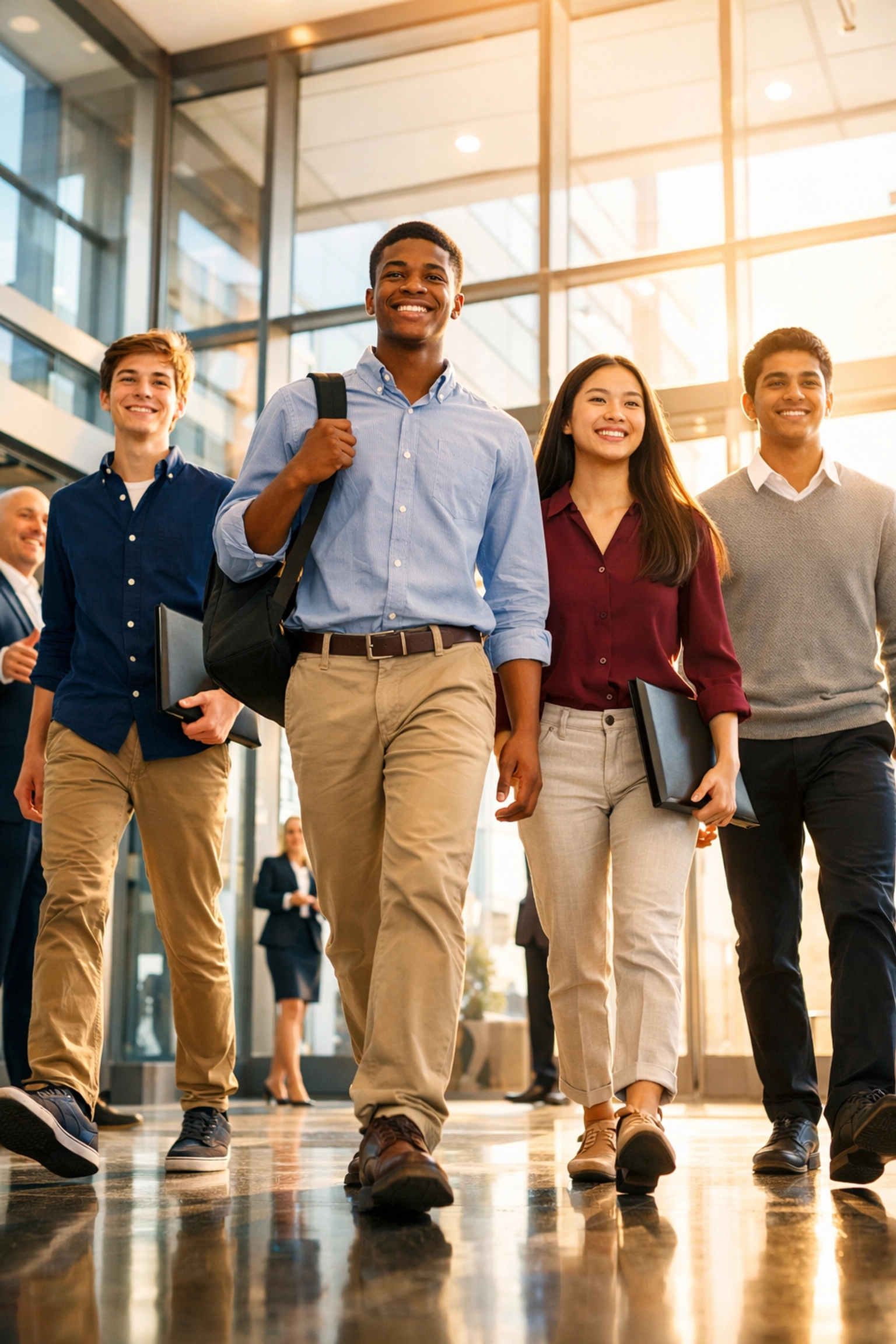 High school students entering corporate office for recruitment program