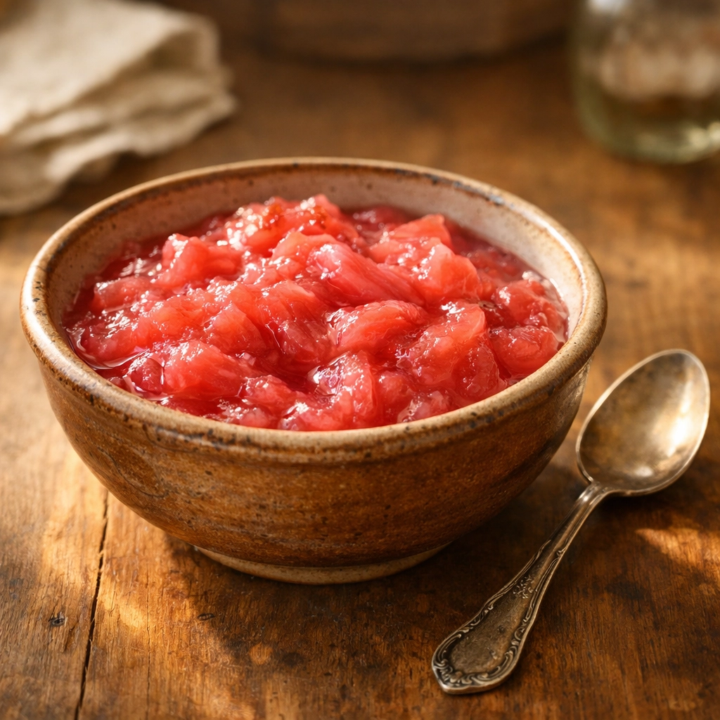 Homemade rhubarb compote in rustic bowl for spring catering desserts