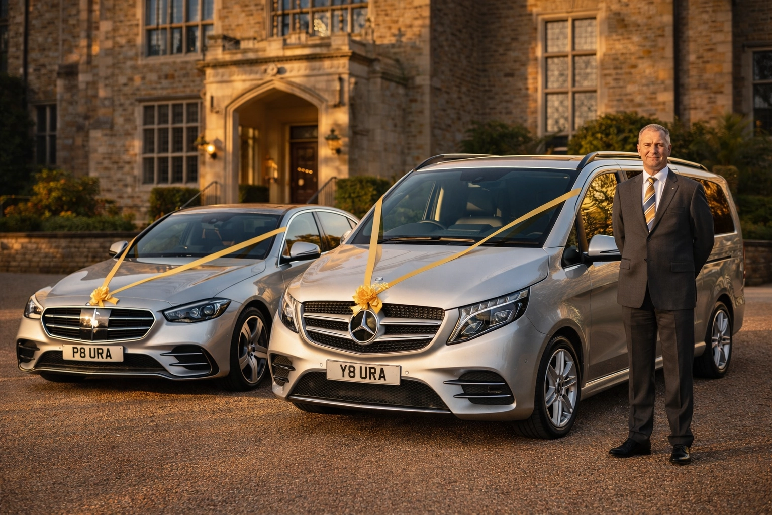 A silver Mercedes-Benz saloon and people carrier, adorned with gold wedding ribbons and bows, are parked outside a church.