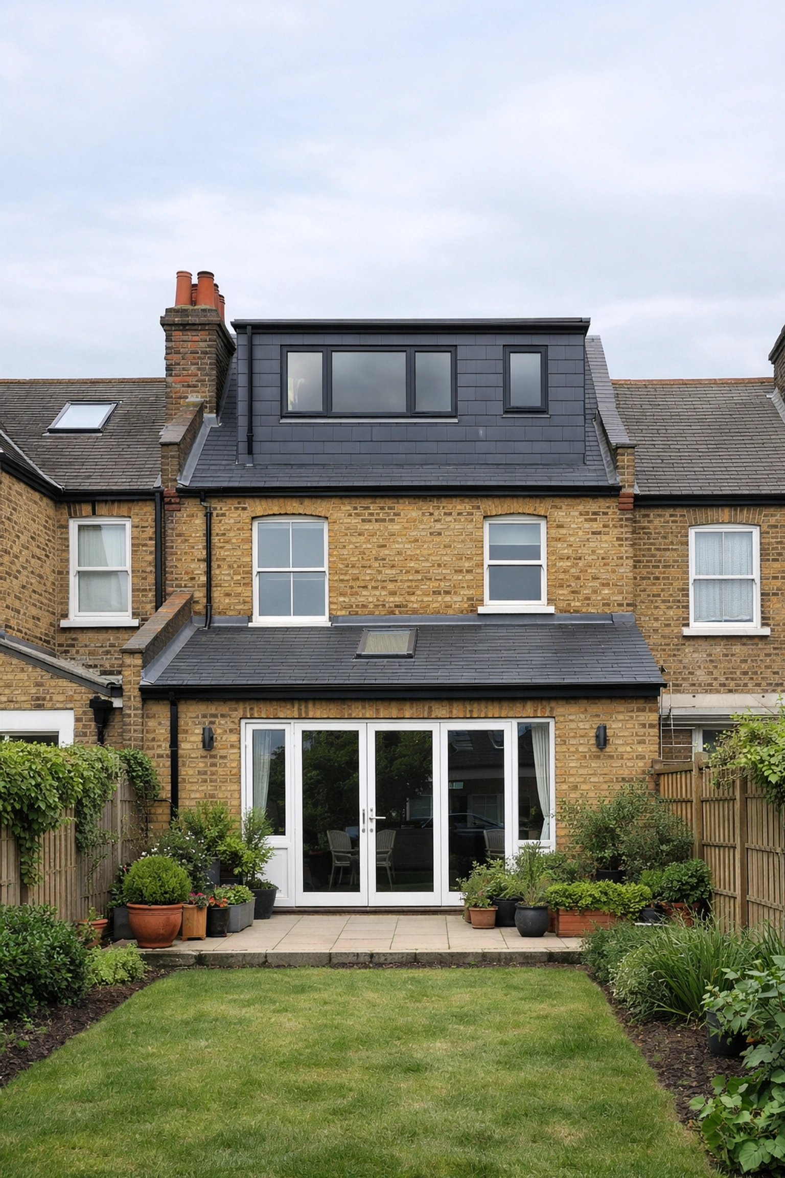 Rear Dormer loft conversion exterior on a traditional East London yellow-brick terraced property.