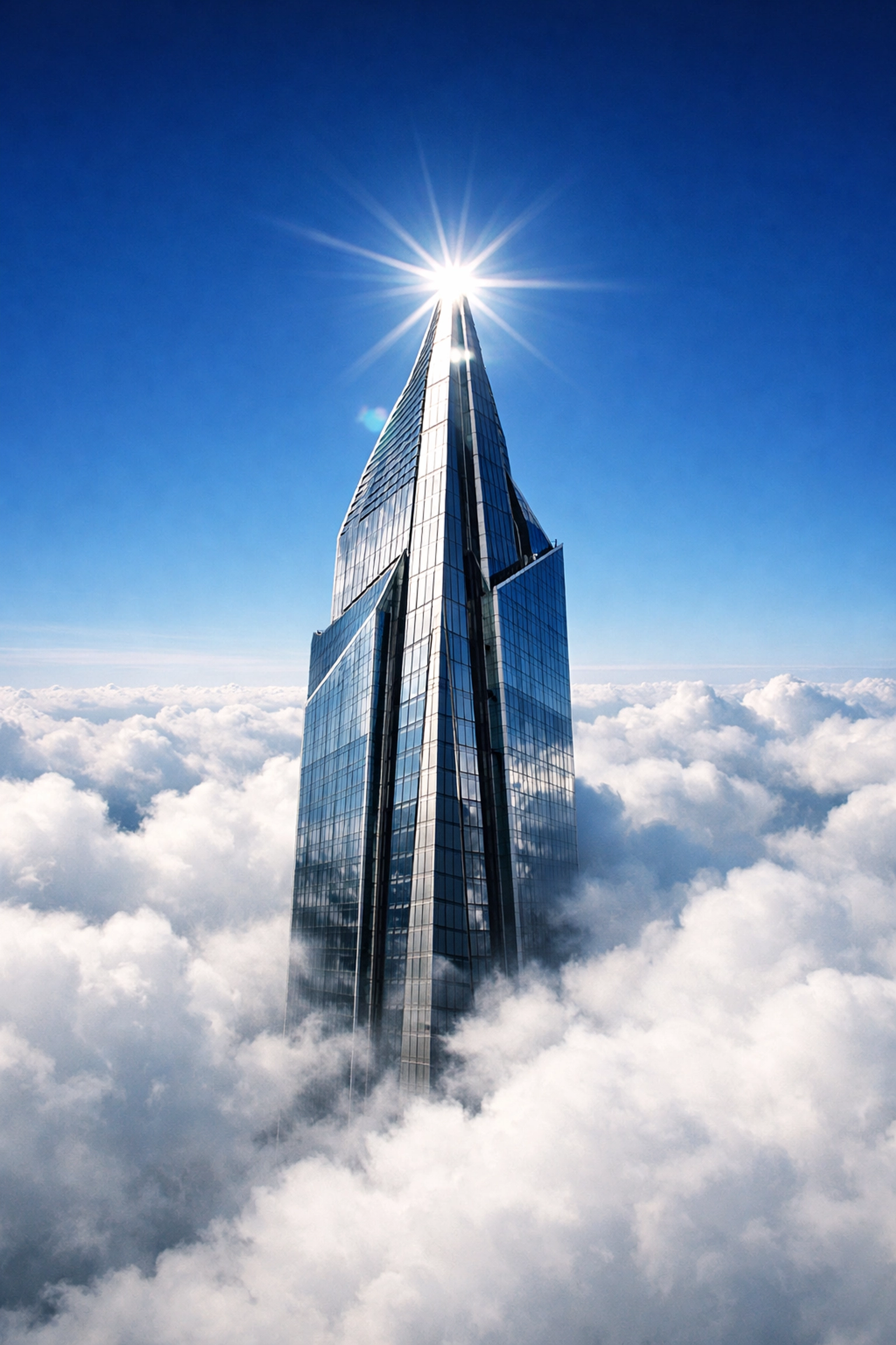 A skyscraper reaching through clouds, symbolizing small business expansion and breaking the growth ceiling.
