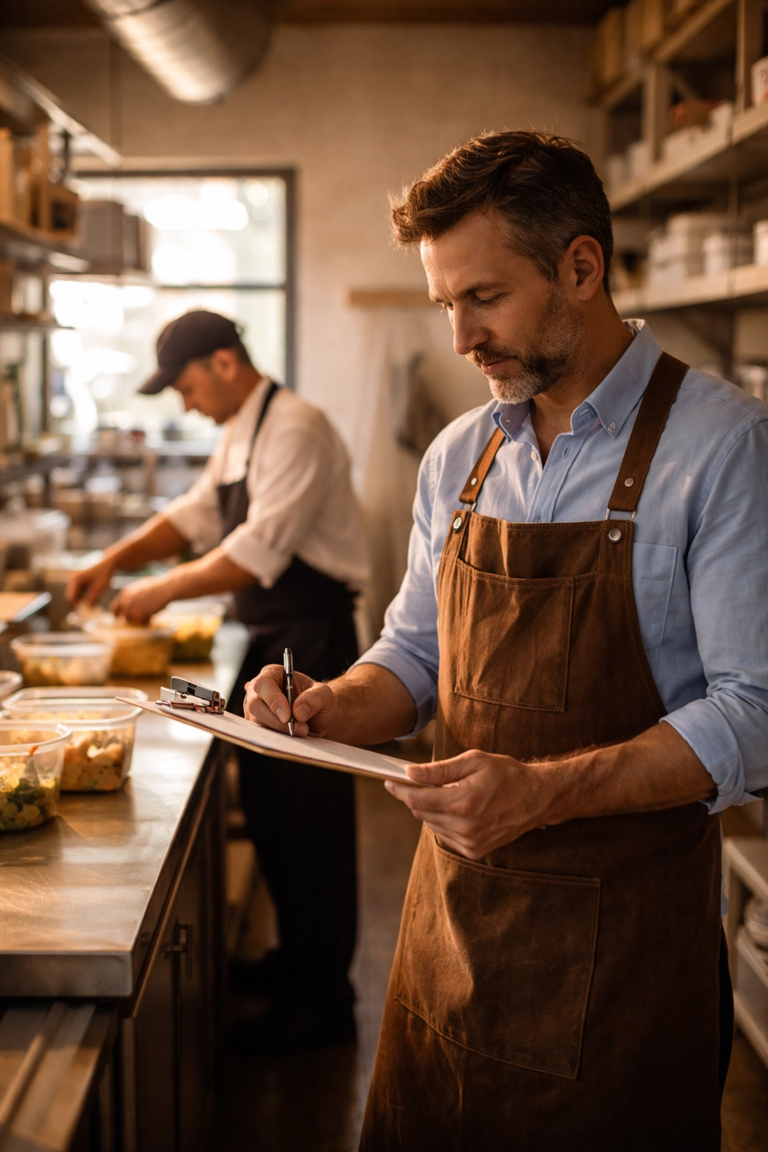 Restaurant manager reviewing operations checklist while kitchen staff prepares ingredients