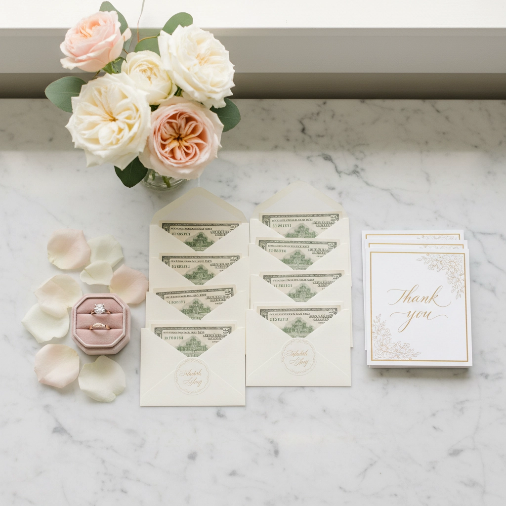 Pink and white roses, envelopes with money, a pink jewelry box with rings, and "Thank you" cards on a marble surface. Elegant and classy.