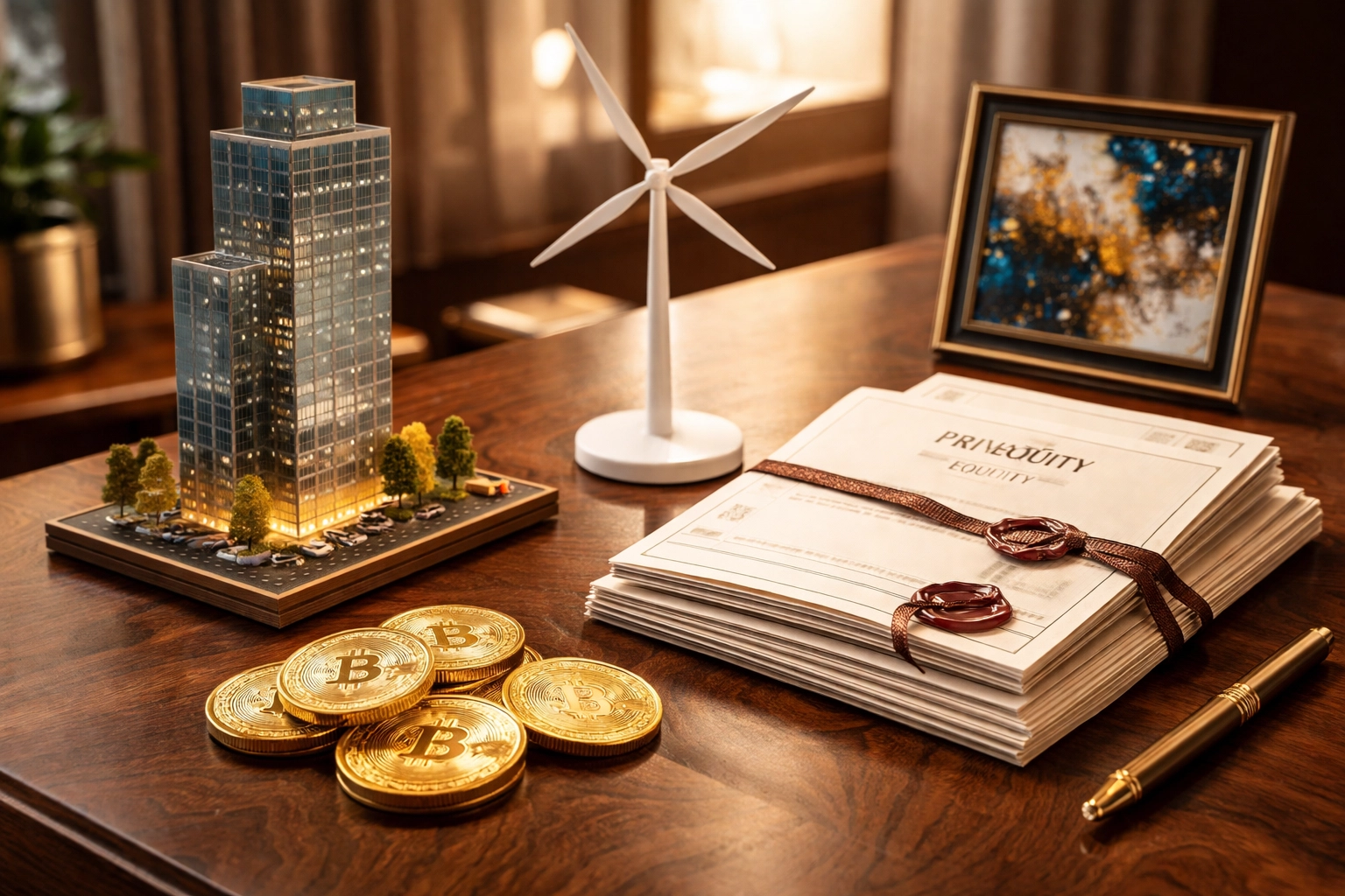 Diverse mix of investment assets including real estate, renewable energy, Bitcoin, and private equity symbolizing a modern portfolio.