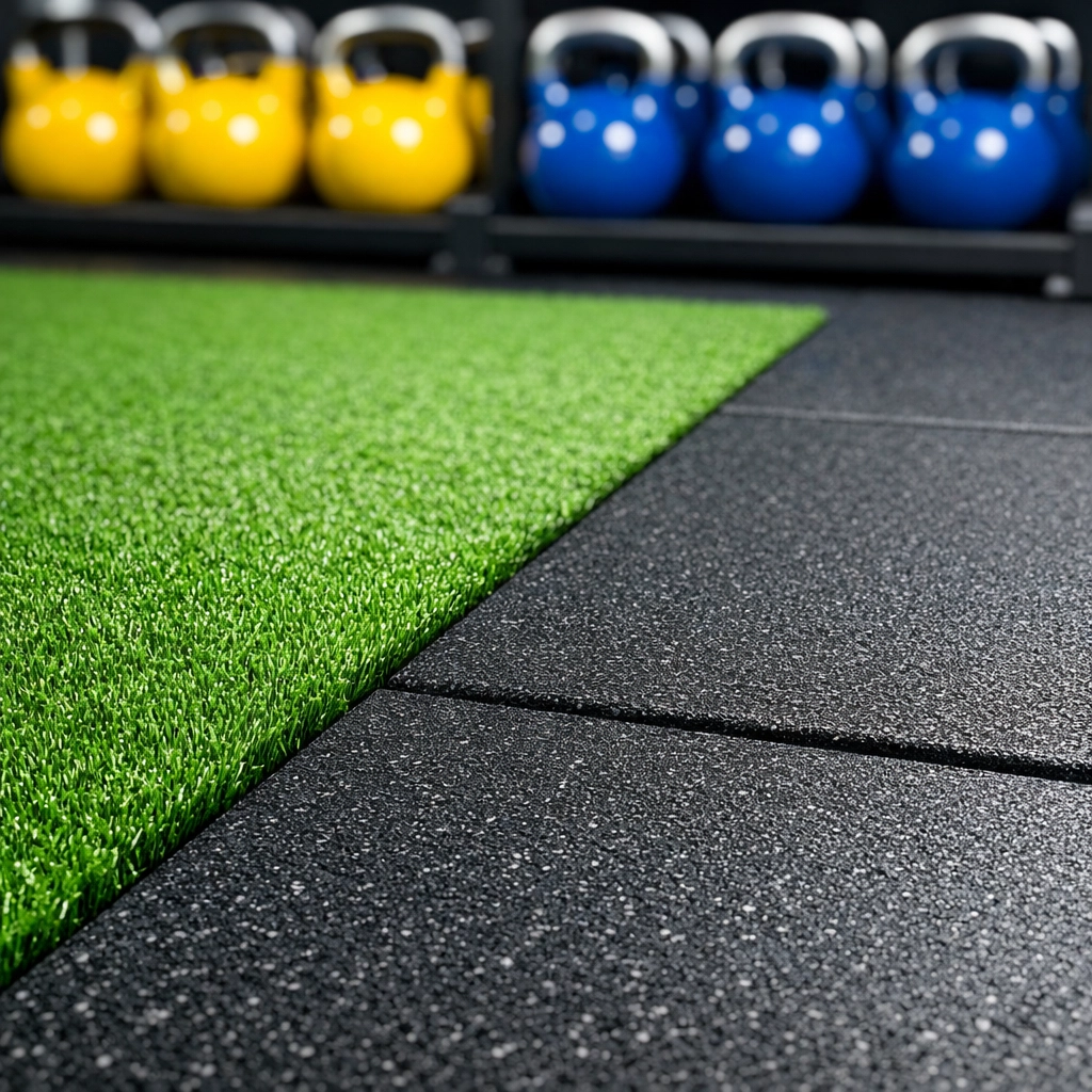 Deep-scrubbed gym turf and rubber mat flooring in a clean Fitchburg fitness facility.