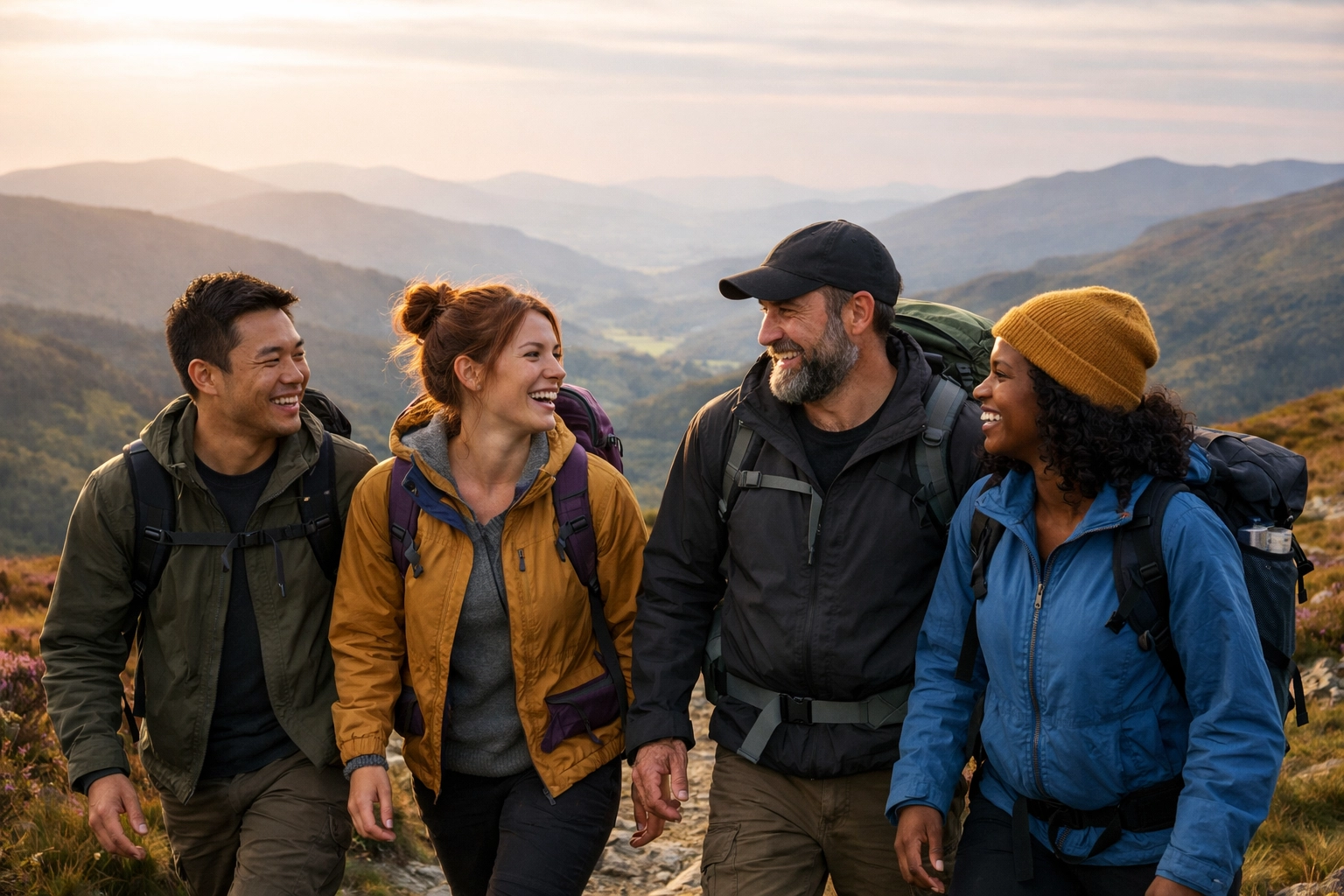 A group of hikers sharing a laugh while walking along a scenic mountain ridgeline trail in the UK.
