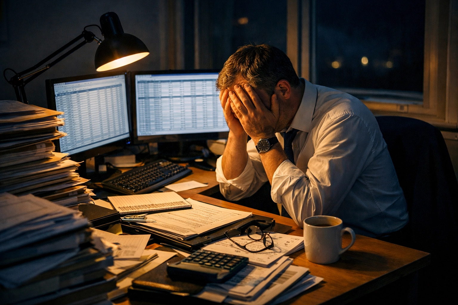 Stressed UK accountant working late surrounded by paperwork showing accounting firm burnout