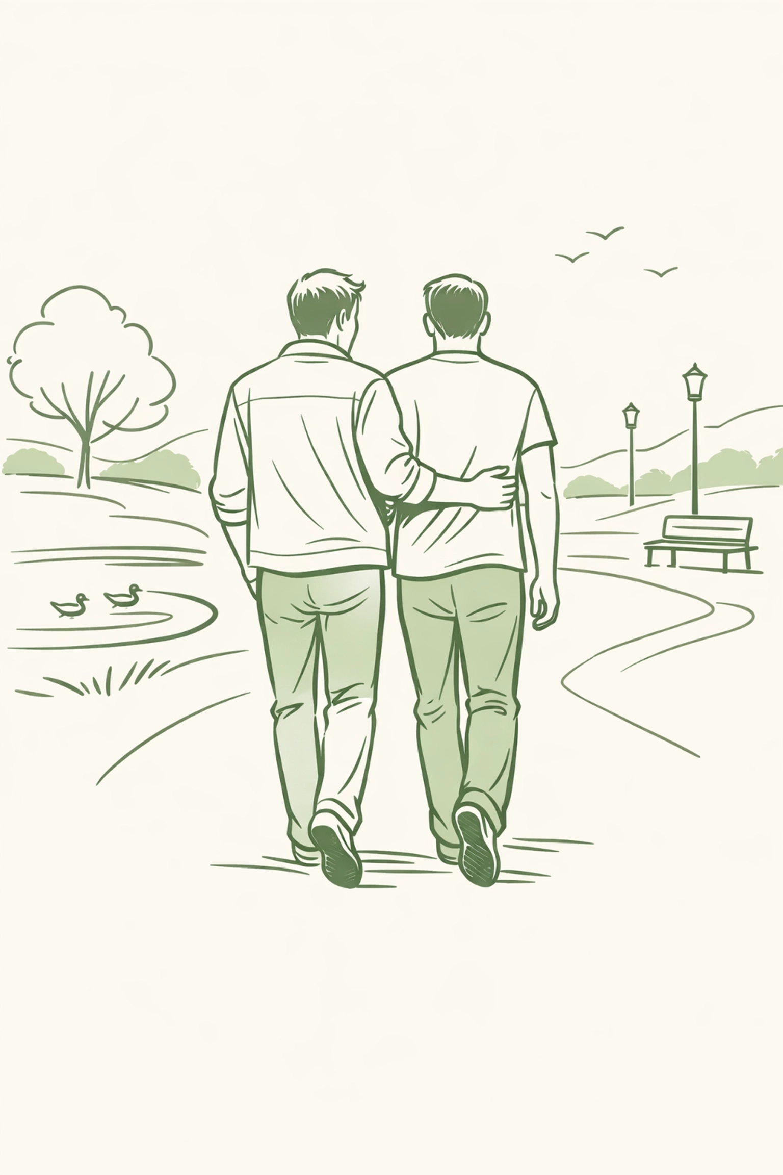 Two men walking in a park together, representing companionship and visibility for the ace queer community.