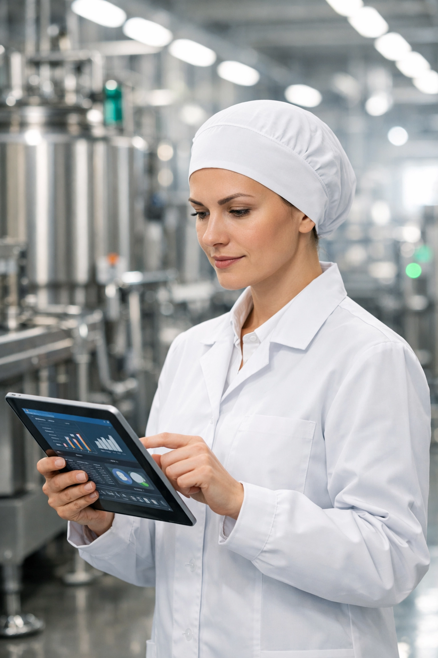 Gestora de qualidade analisa dados de segurança alimentar na indústria sob a norma FSSC 22000 v7.