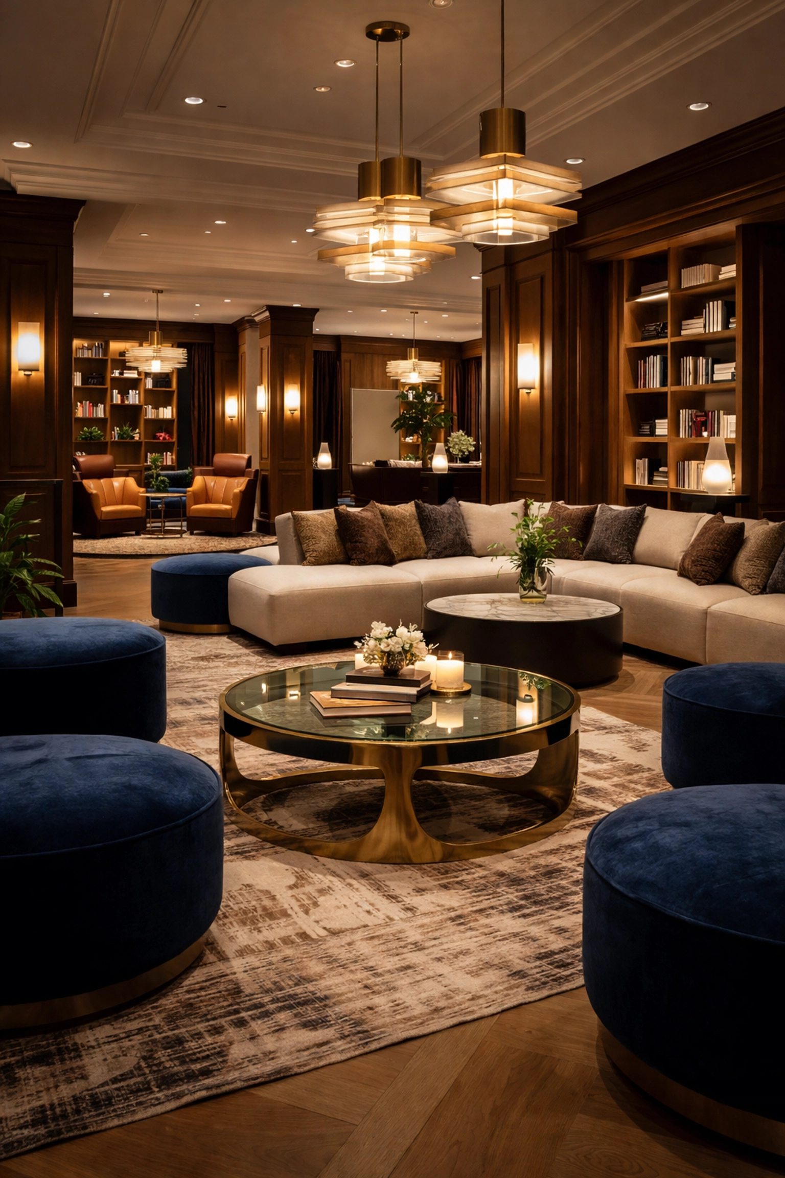 Boutique hotel lobby with distinct seating zones featuring luxury custom furniture