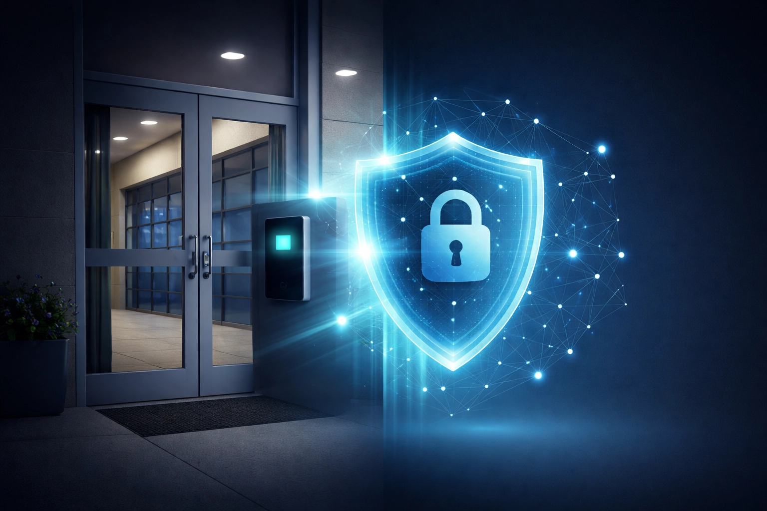 Visual representation of unified physical and cyber security measures protecting a modern school building.