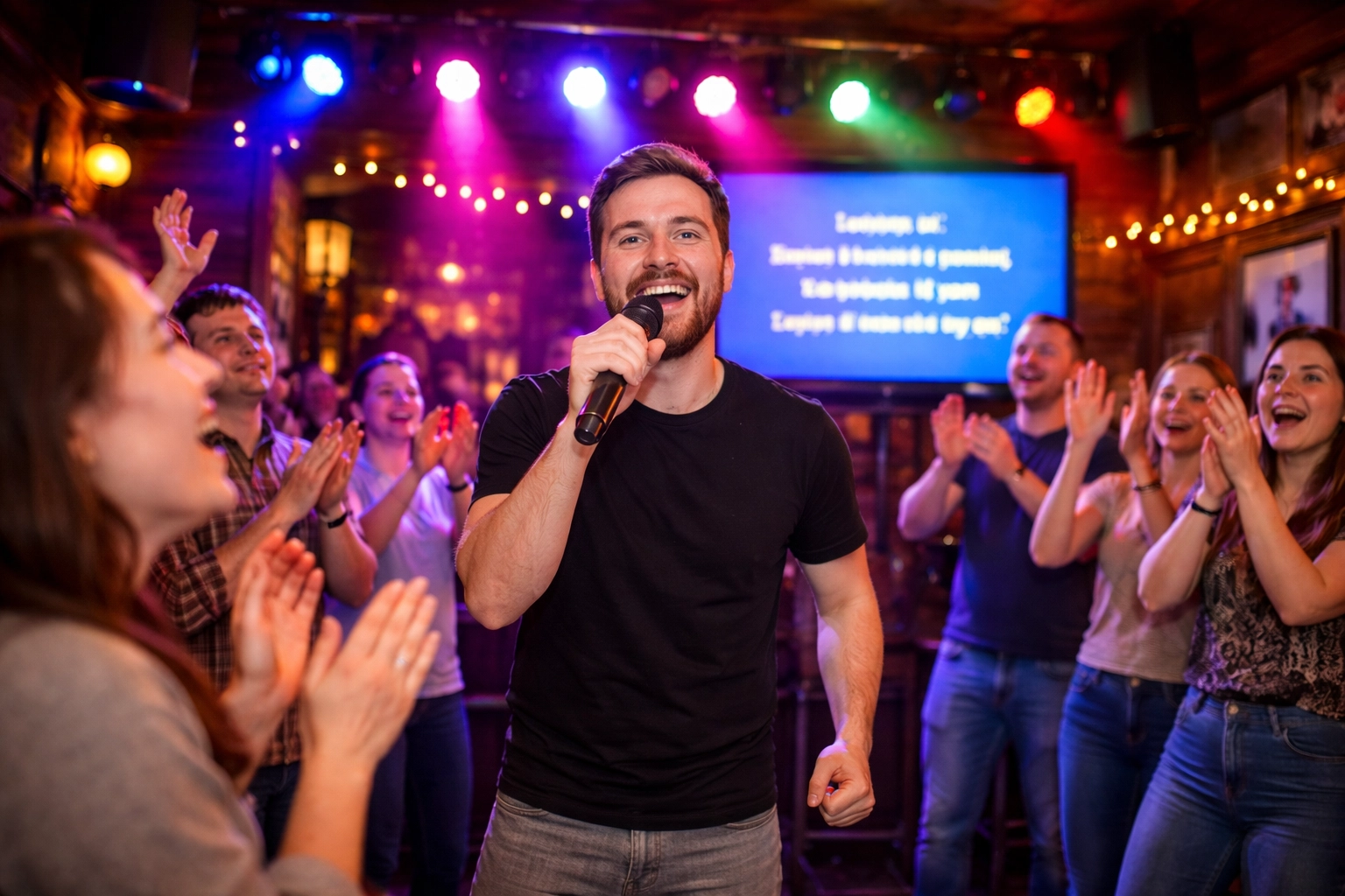 A singer performing karaoke on a small bar stage while the crowd cheers and sings along, creating an exciting, supportive vibe.