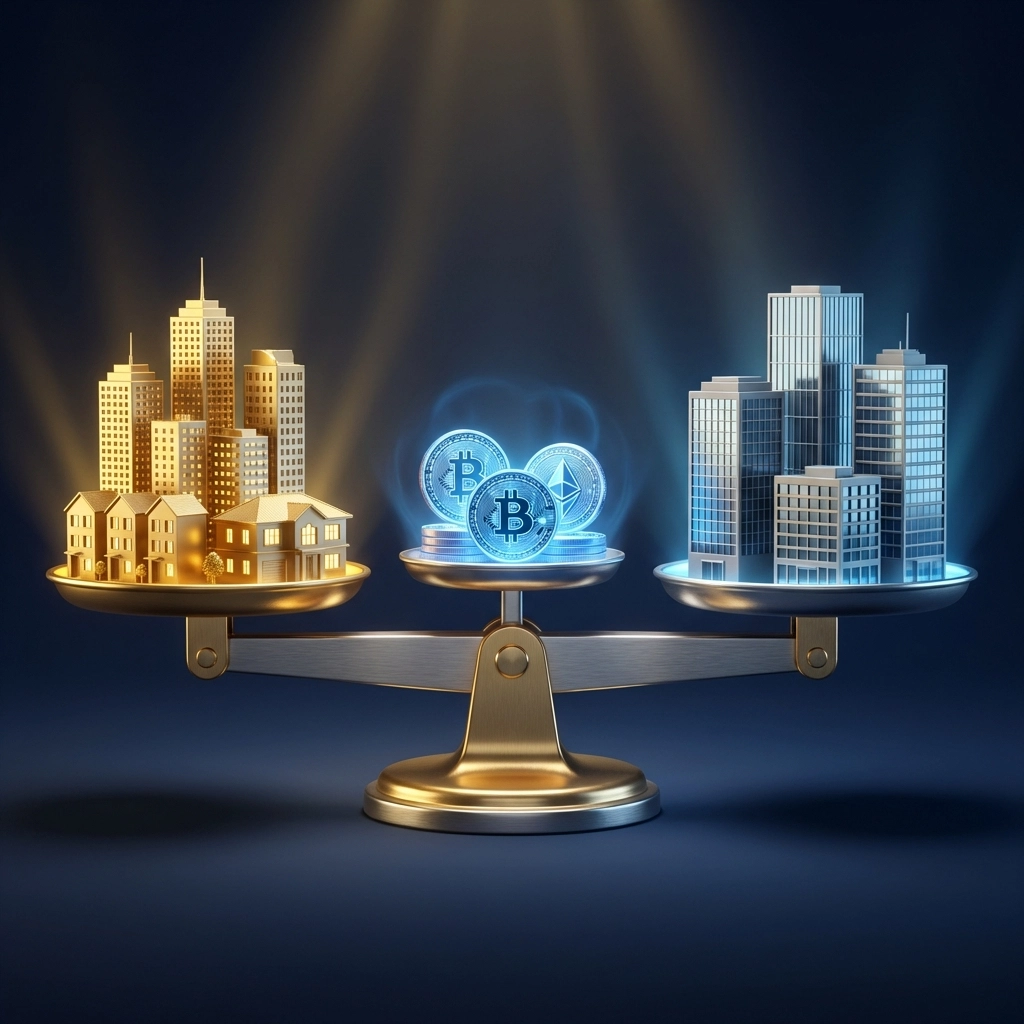 A balanced scale showing real estate, cryptocurrency coins, and private equity, illustrating portfolio diversification for accredited investors.