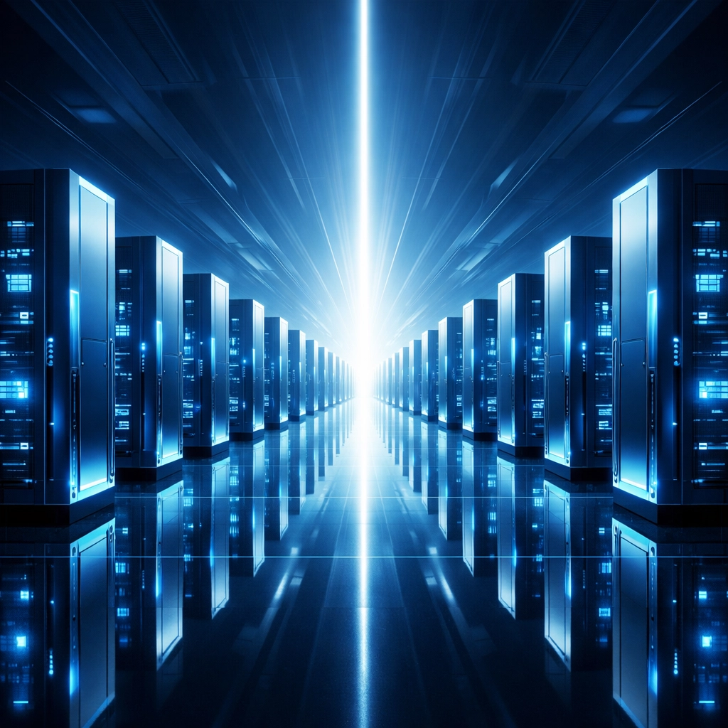 Symmetrical digital towers symbolizing centralized governance and a scalable AI automation portfolio.