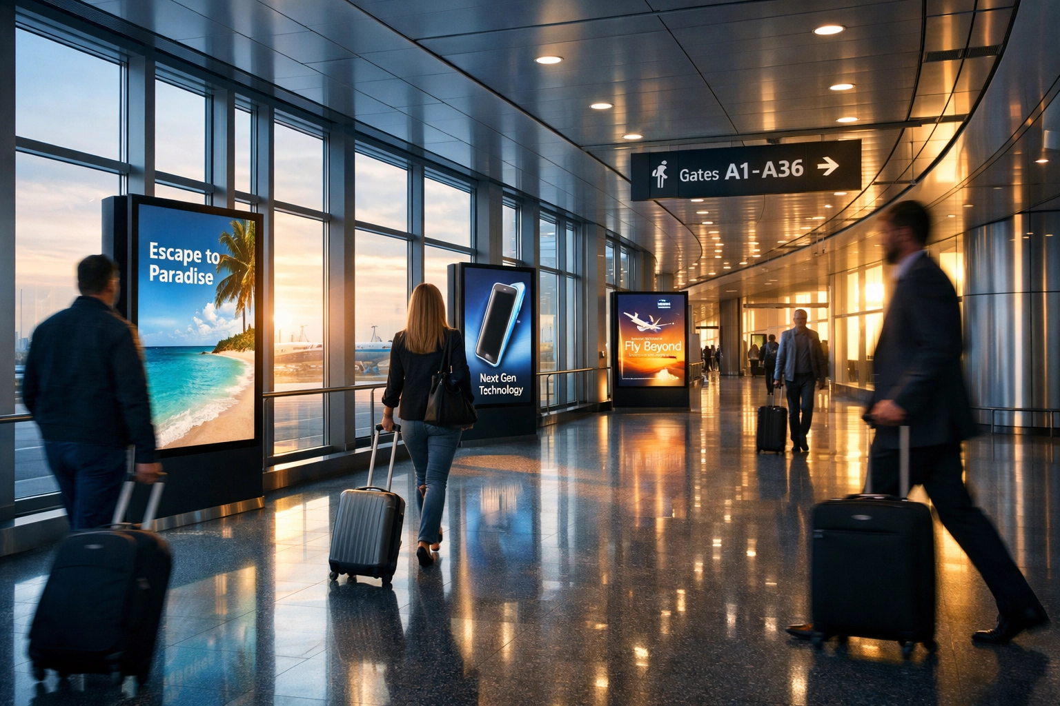 Airport terminal with digital advertising screens targeting travelers for event marketing campaigns