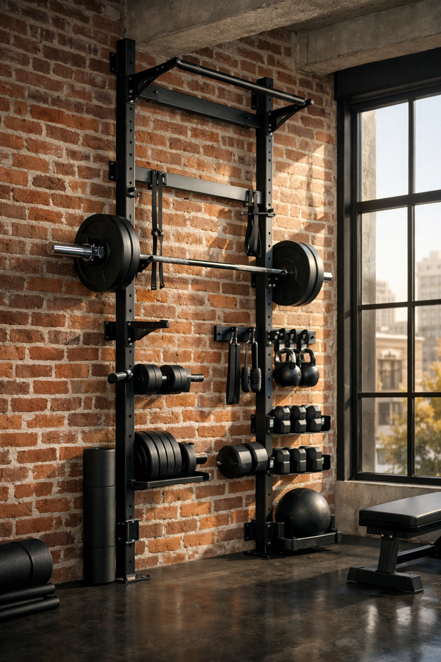 Sleek floor to ceiling gym rail system in a modern loft as a versatile pull up bar alternative.