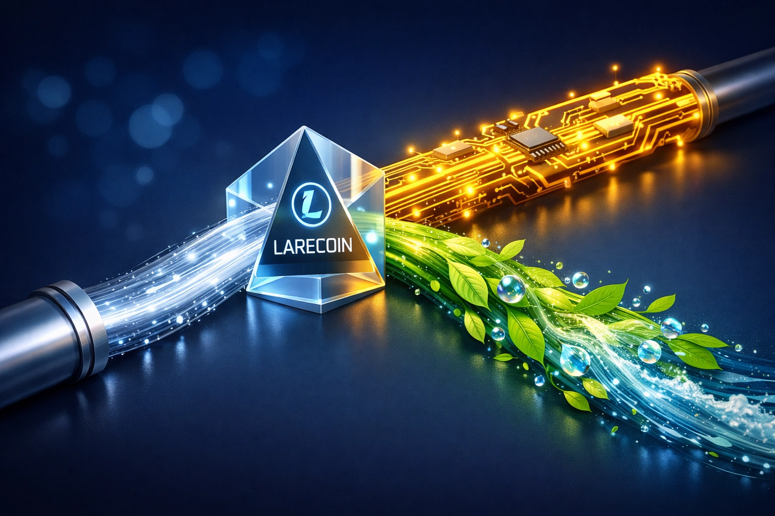 Visualizing Larecoin transactions splitting into network infrastructure and global social impact.