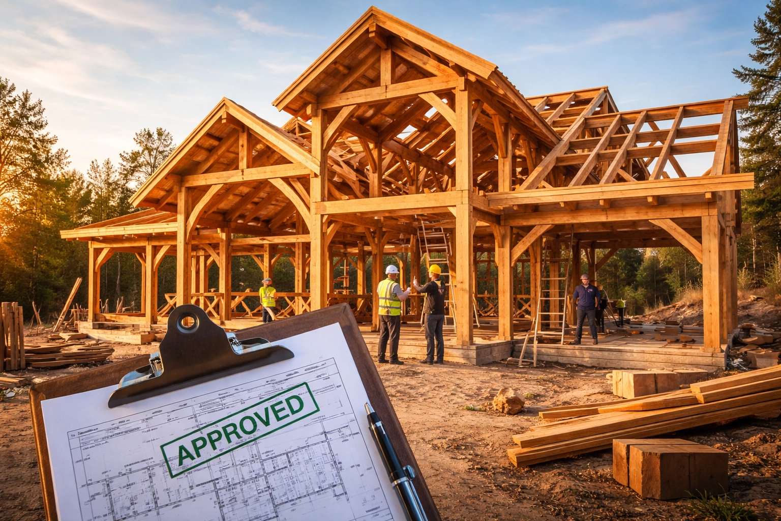 Timber frame home under construction in Ontario, building inspector reviewing approved plans on site