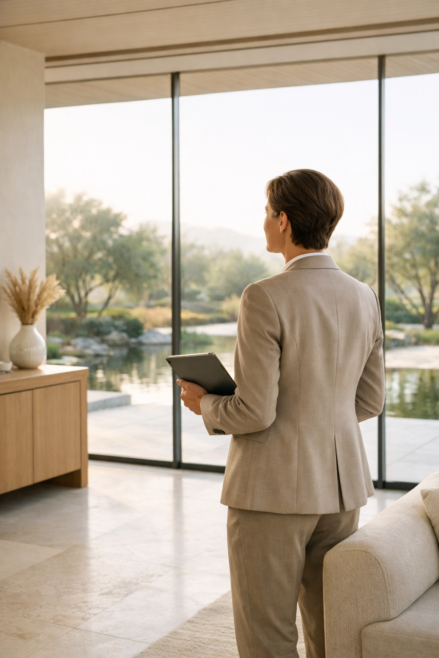 Hotel manager using a cloud-native hotel PMS on a tablet for operational freedom.