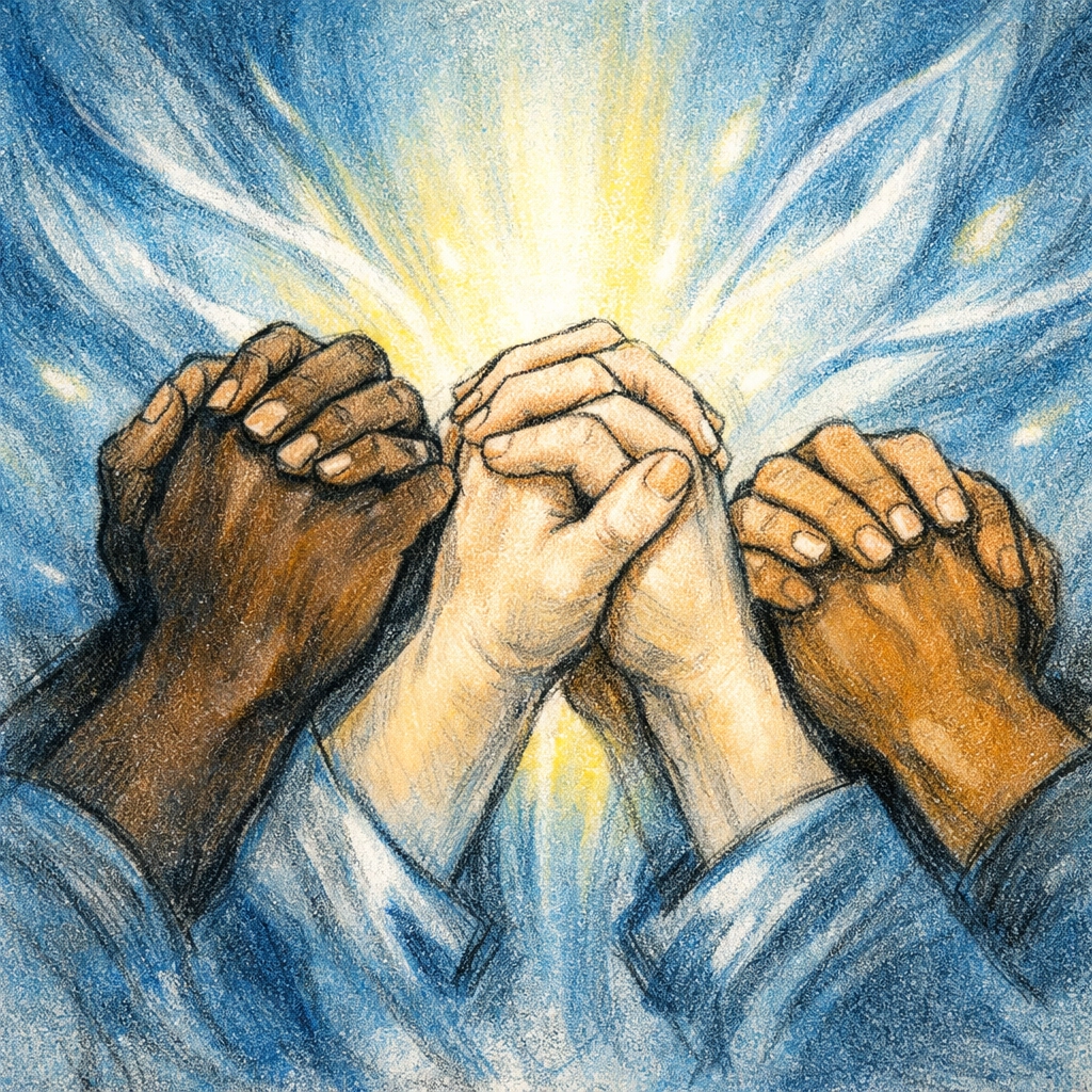 Diverse praying hands clasped together in prayer illuminated by spiritual light