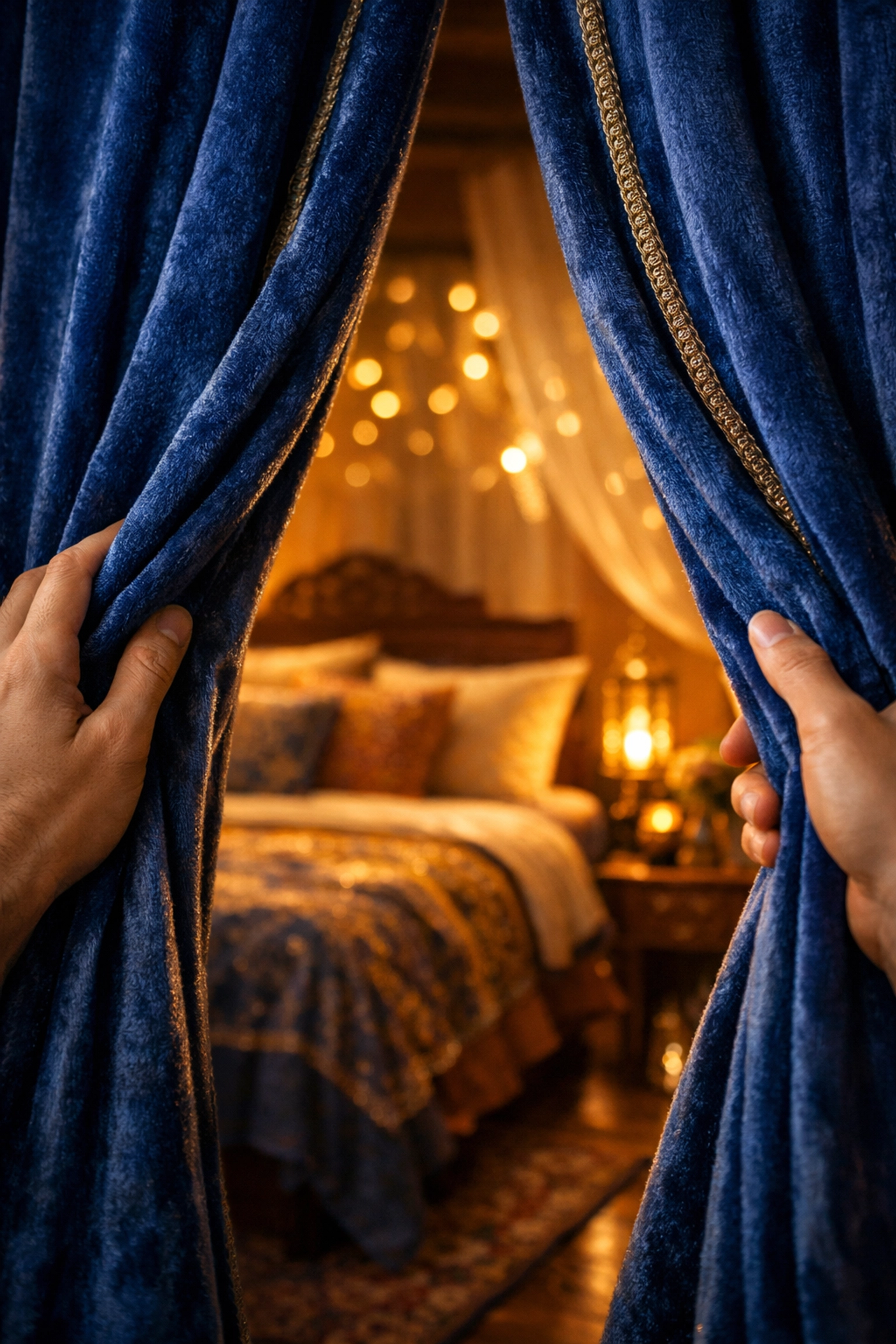 Hands opening a velvet curtain to a warm bedroom, exploring sexual wellness in India and intimacy.