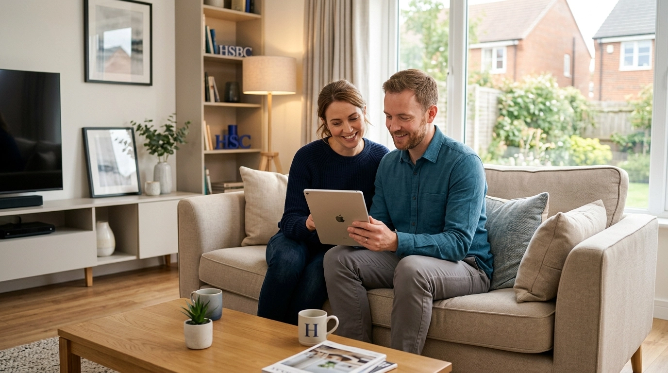 A couple in a UK home looking at a tablet together, focusing on financial planning.