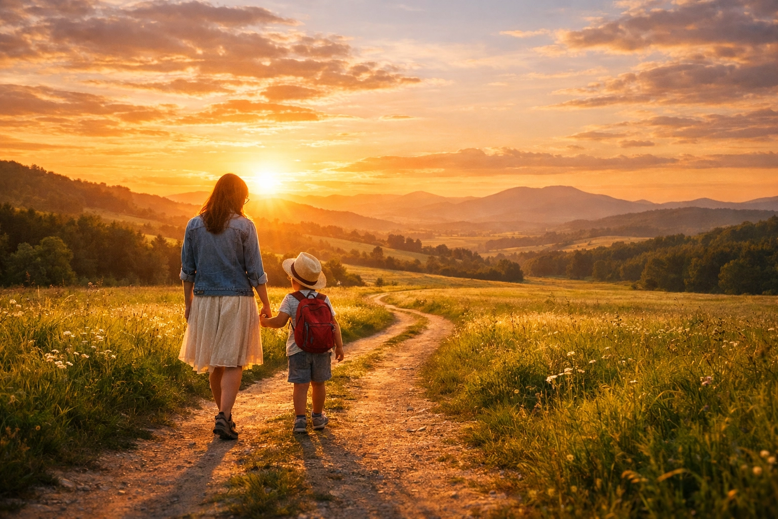 A mother and child walking together in a sun-drenched meadow, representing a life built with purpose and health.