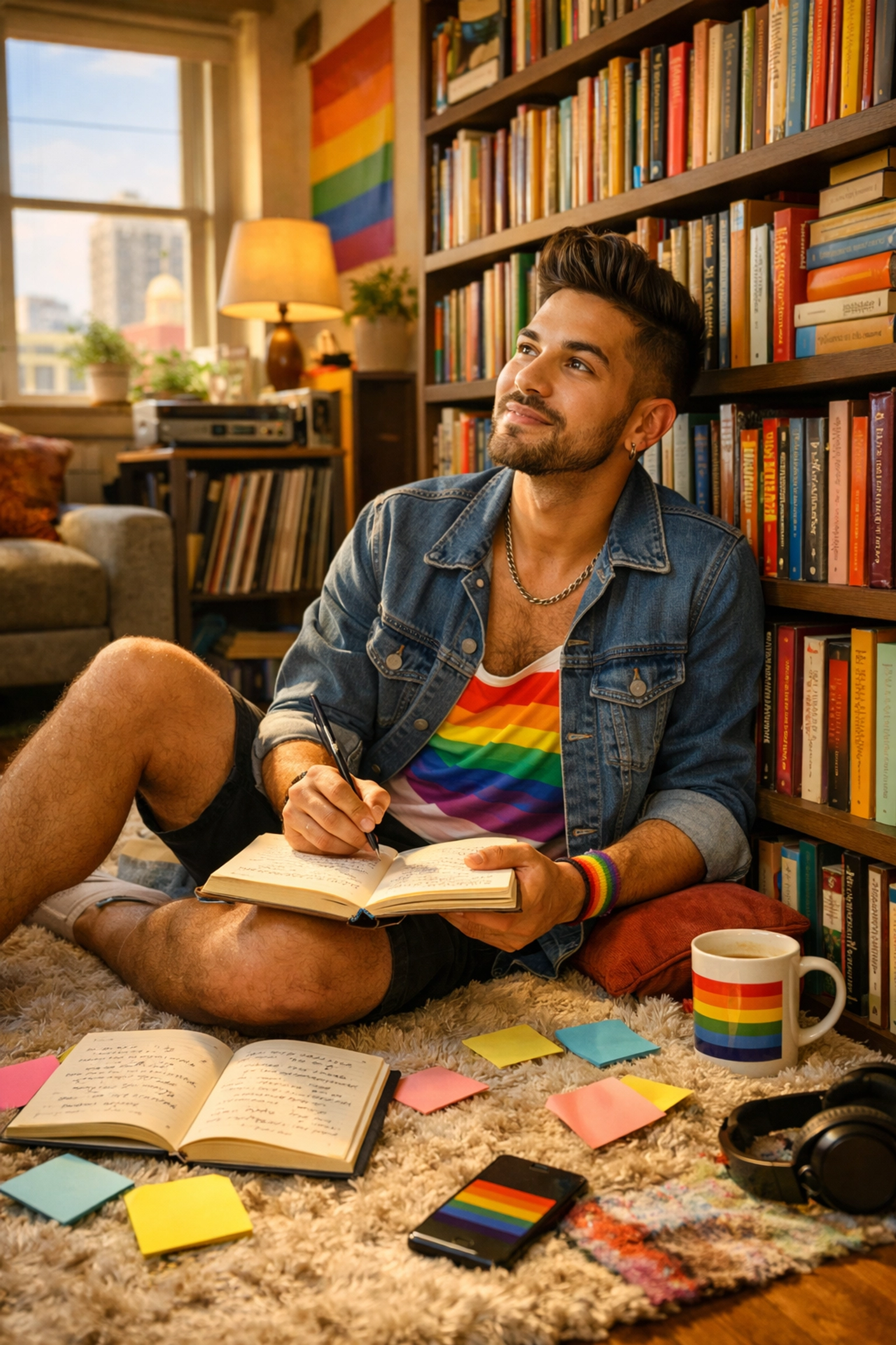 A young gay man brainstorming a niche for his queer podcast while surrounded by MM romance books.